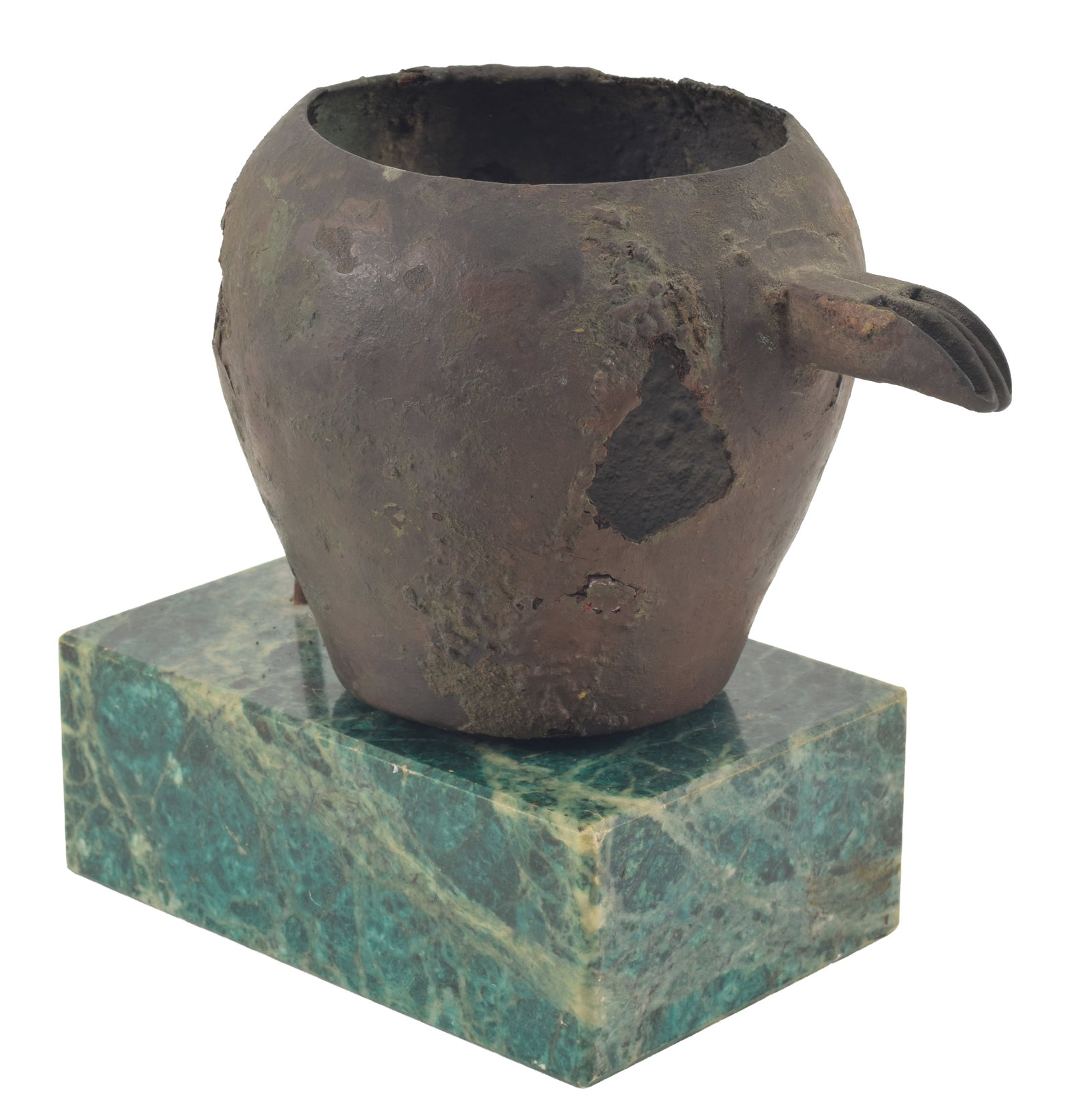 Egyptian, 1st/2nd Dynasties, bronze libation vessel. Tandem spout and flat base. Old accession: Egyptian, 1st/2nd Dynasties, bronze libation vessel. Tandem spout and flat base. Old accession number on base. As found condition. Height 4 5/8 in. From the collection of Dr. Bruce L. Ralston, Tuxedo 