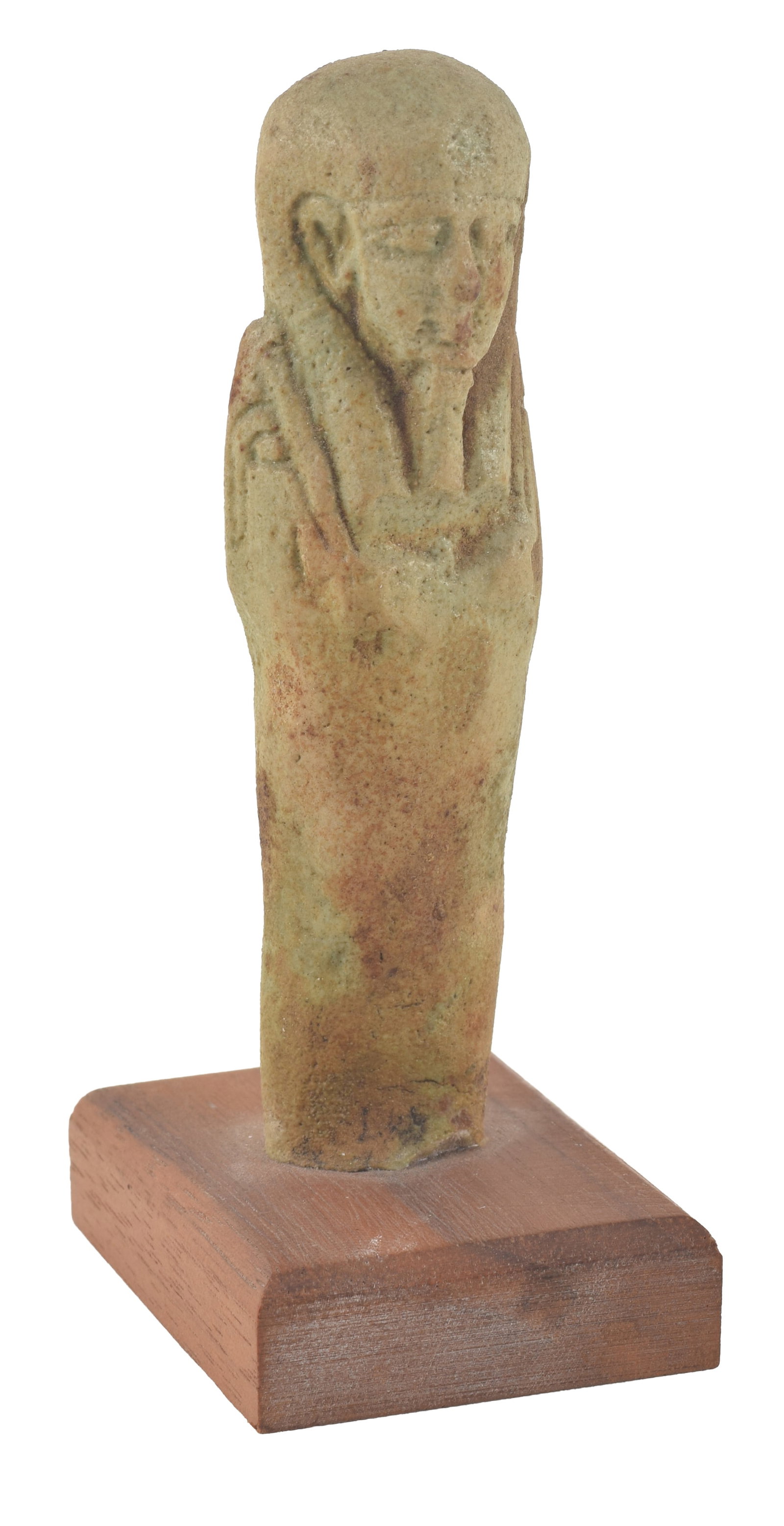 Egyptian, 30th dynasty, faience ushabti with incised hoes, wig and beard. On wood stand. Height 3.5 (1 of 5)
