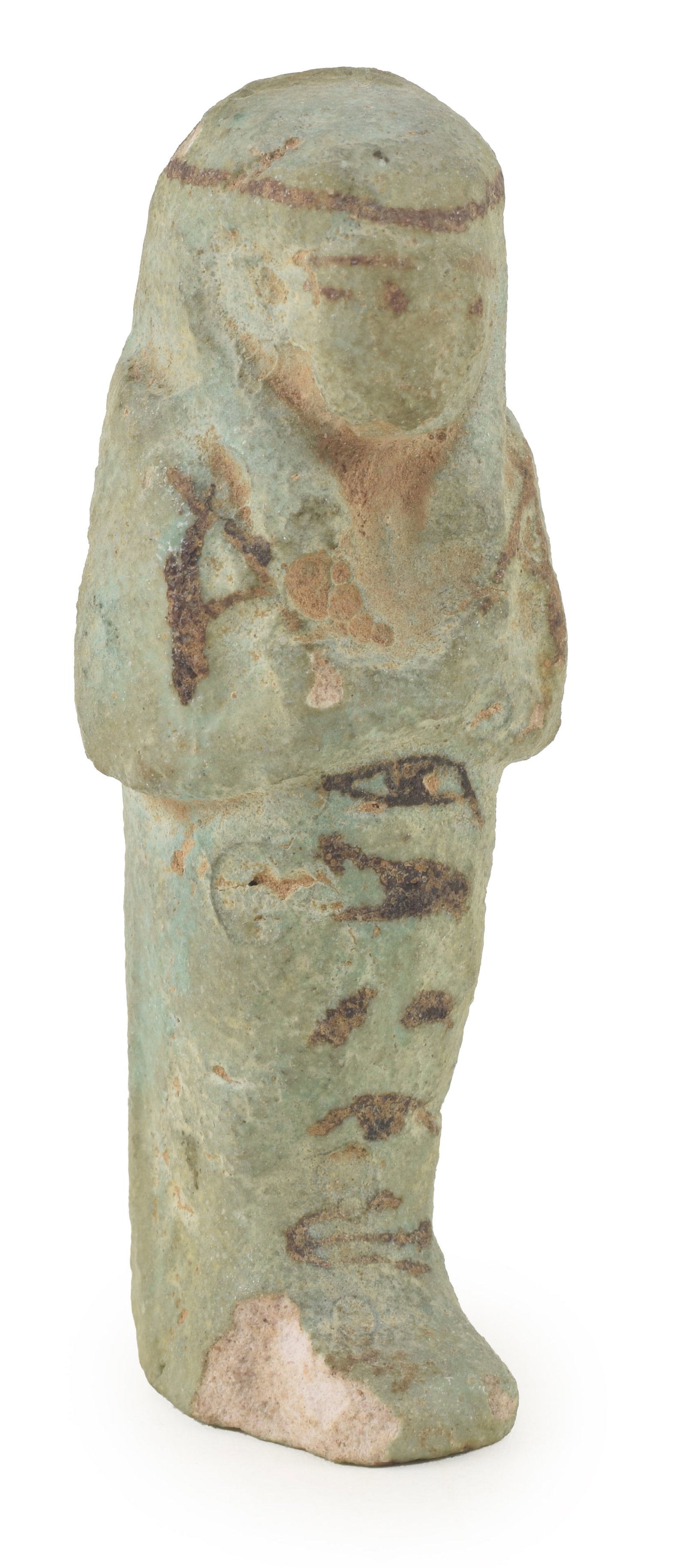 Egyptian faience Ushabti with black painted details and symbols. Length 3.75 in. From the collection (1 of 6)
