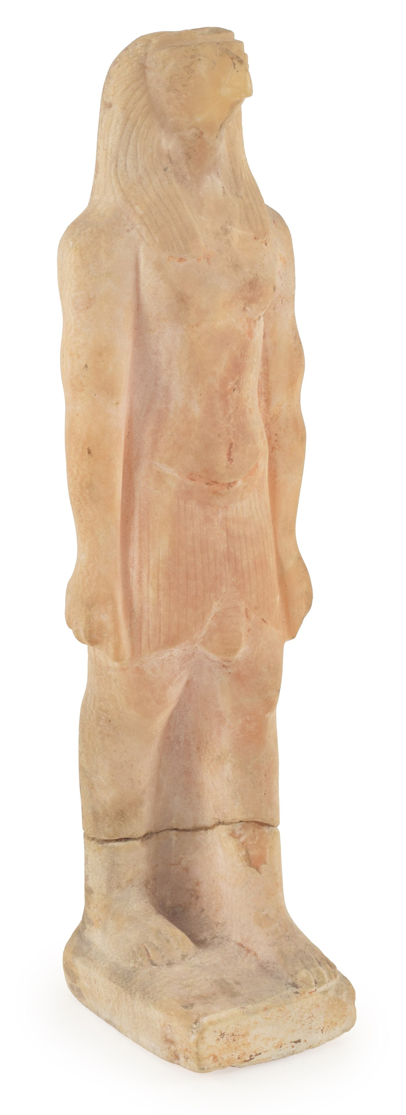 Egyptian, Roman Period, alabaster carved figure of Horus striding. With tri-part wig and striated: Egyptian, Roman Period, alabaster carved figure of Horus striding. With tri-part wig and striated kilt. Old label on base. Height 11 in. From the collection of Dr. Bruce L. Ralston, Tuxedo Park NY. Dr
