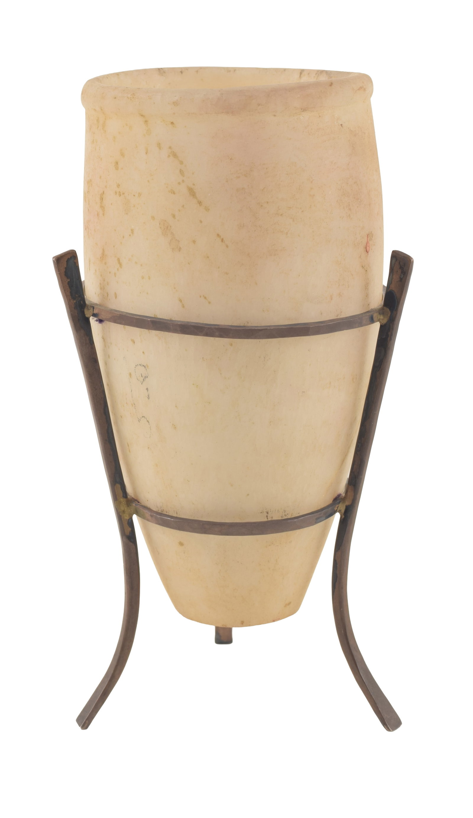 Egyptian carved alabaster urn with flared rim. Fitted with metal stand. Height 5 in. From the: Egyptian carved alabaster urn with flared rim. Fitted with metal stand. Height 5 in. From the collection of Dr. Bruce L. Ralston, Tuxedo Park NY. Dr. Ralston assembled a large collection during the 19