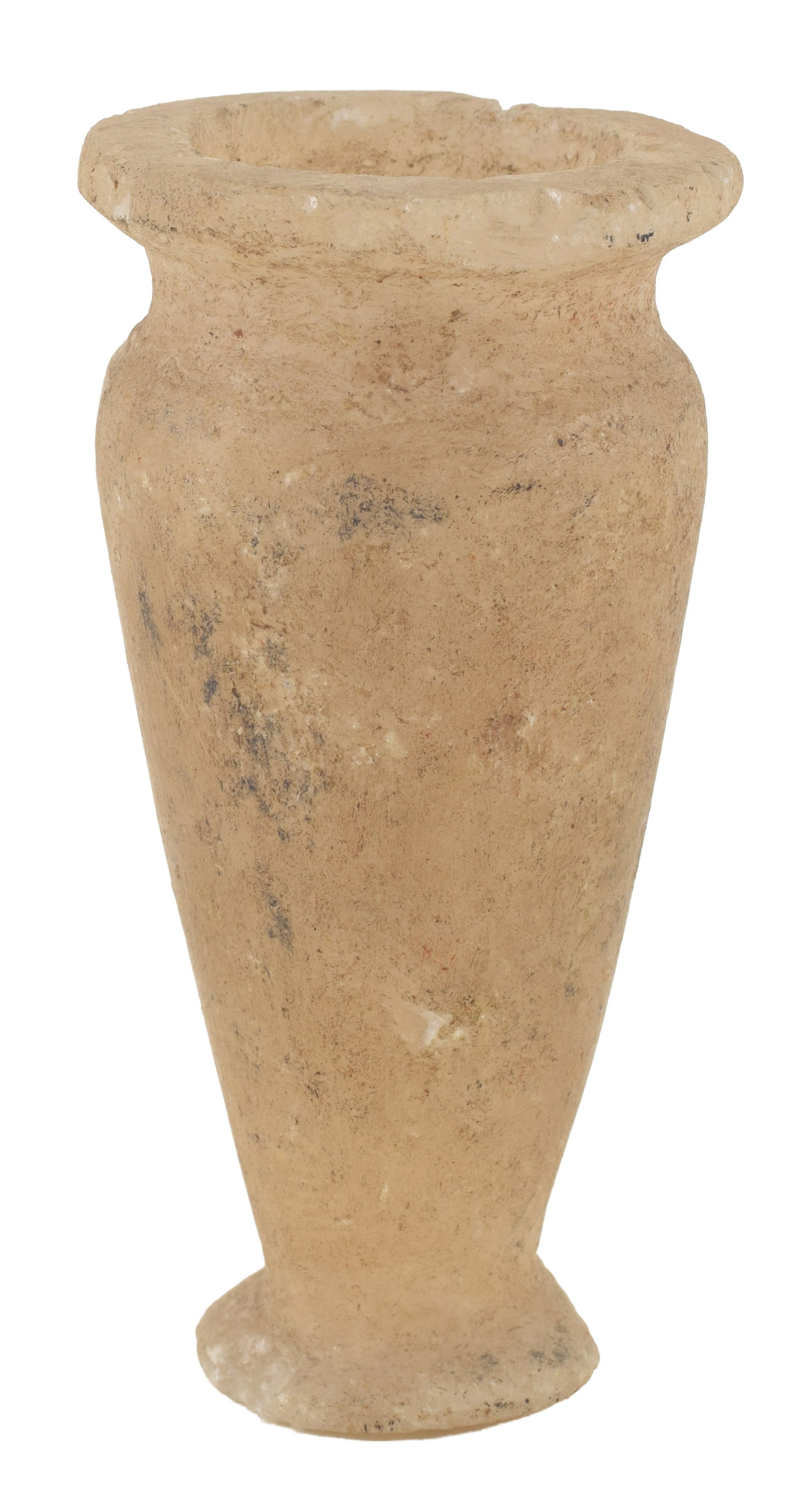 Egyptian, Middle Kingdom, alabaster jar with flared rim. Wear. Height 3.75 in. From the collection: Egyptian, Middle Kingdom, alabaster jar with flared rim. Wear. Height 3.75 in. From the collection of Dr. Bruce L. Ralston, Tuxedo Park NY. Dr. Ralston assembled a large collection during the 1960's &