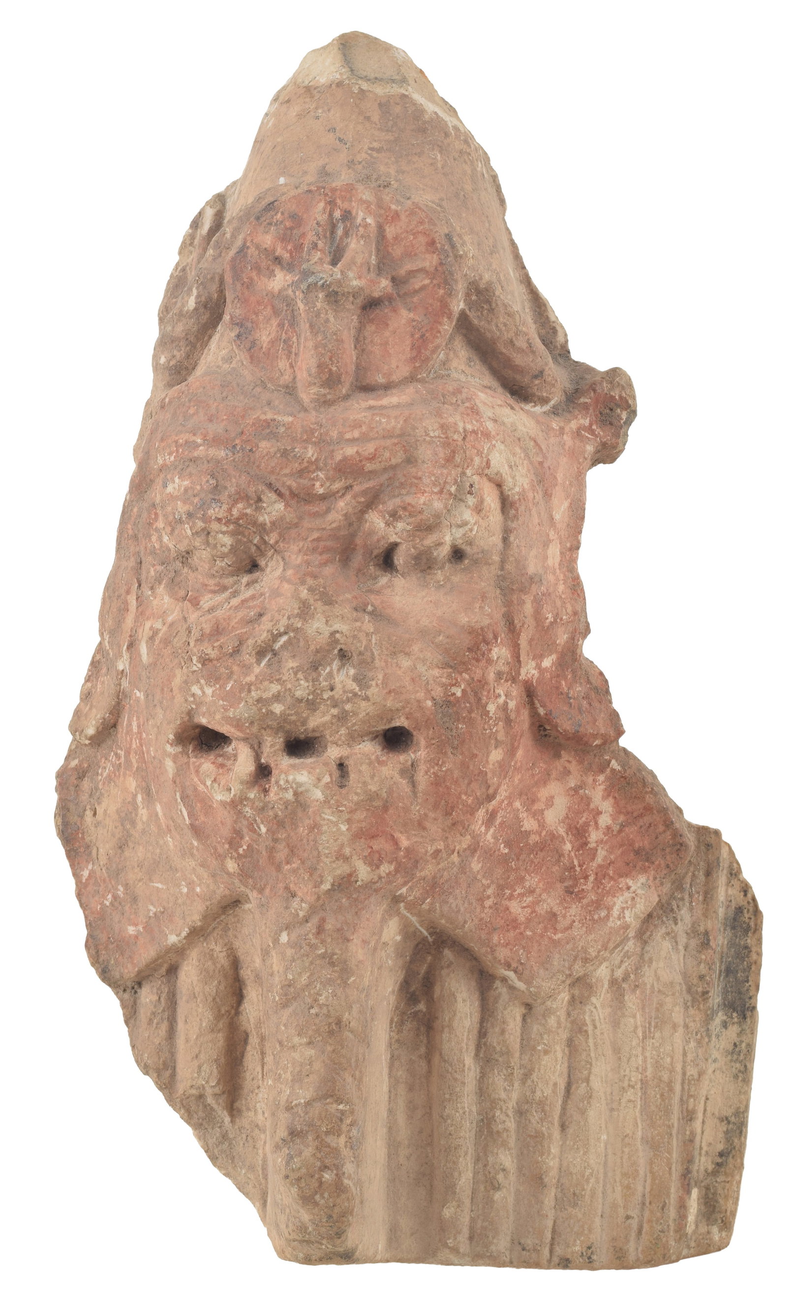 Egyptian, Ptolemaic Period, carved limestone head of god Bes with pink pigments. Wearing solar disk (1 of 8)