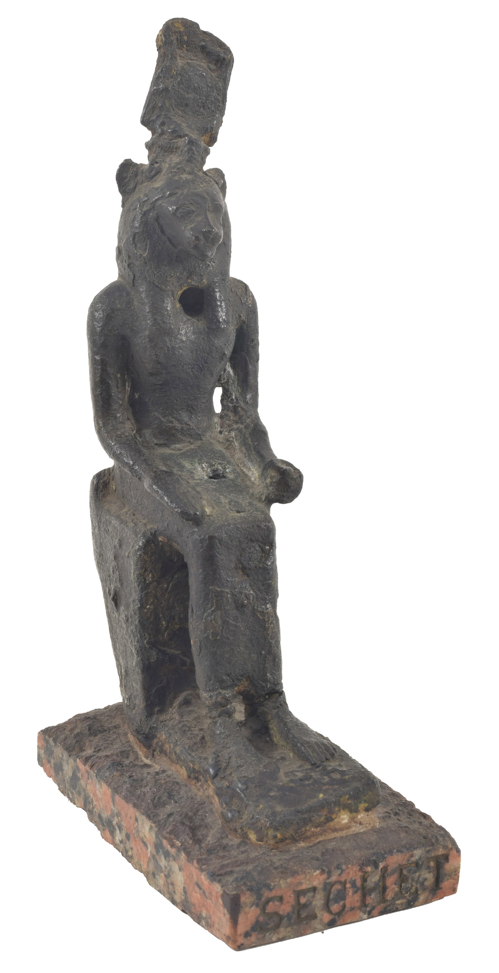 Egyptian, Late Period, bronze figure of an enthroned Sekhmet. Wearing a fragmentary diadem of: Egyptian, Late Period, bronze figure of an enthroned Sekhmet. Wearing a fragmentary diadem of celestial disk and horns. On a granite base, Height 8.5 in, width 3 in, depth 5 in. From the collection of