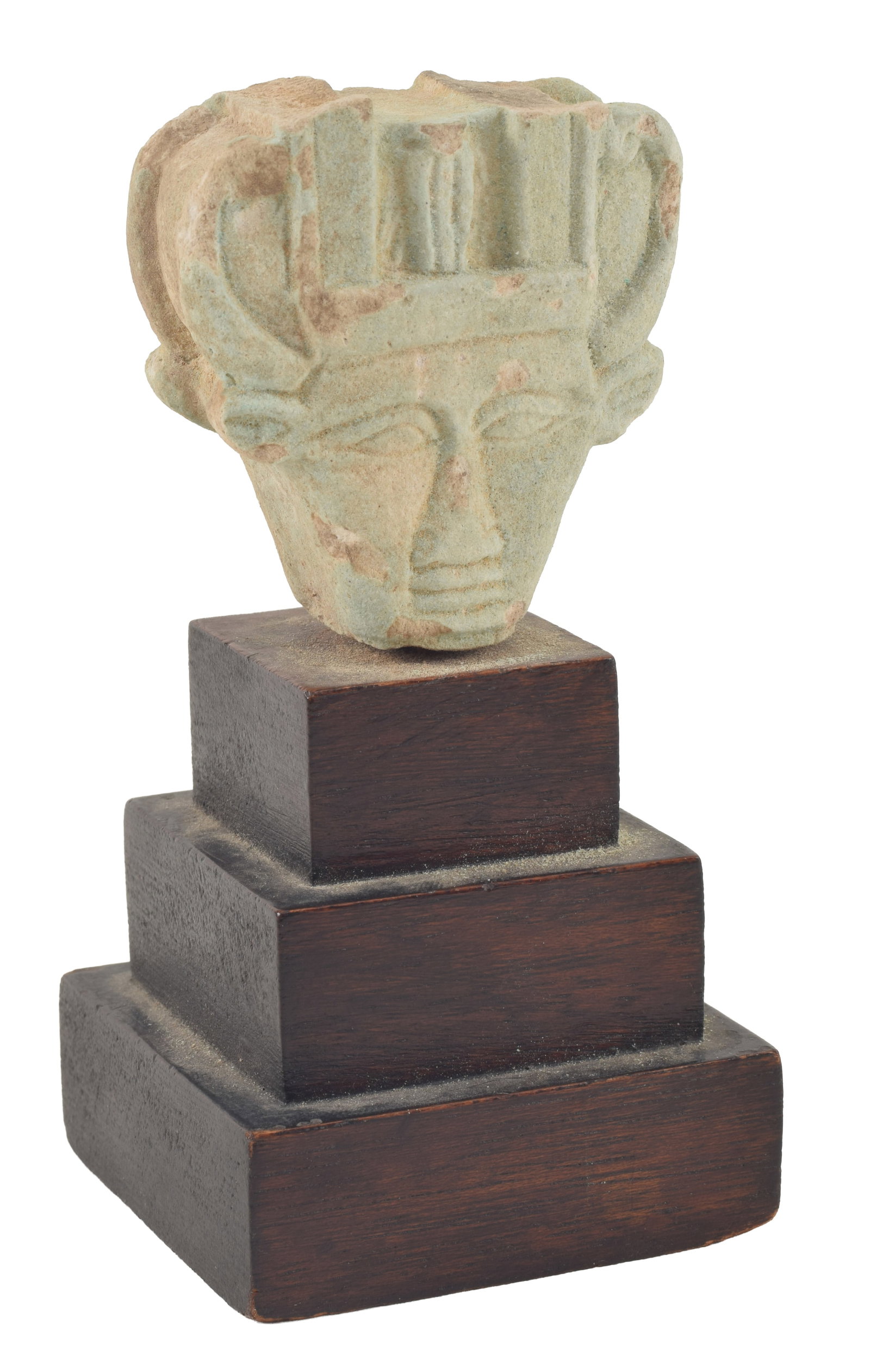 Egyptian limestone double sided head fragment of Hathor with head dress. On a wood stand. Height (1 of 7)