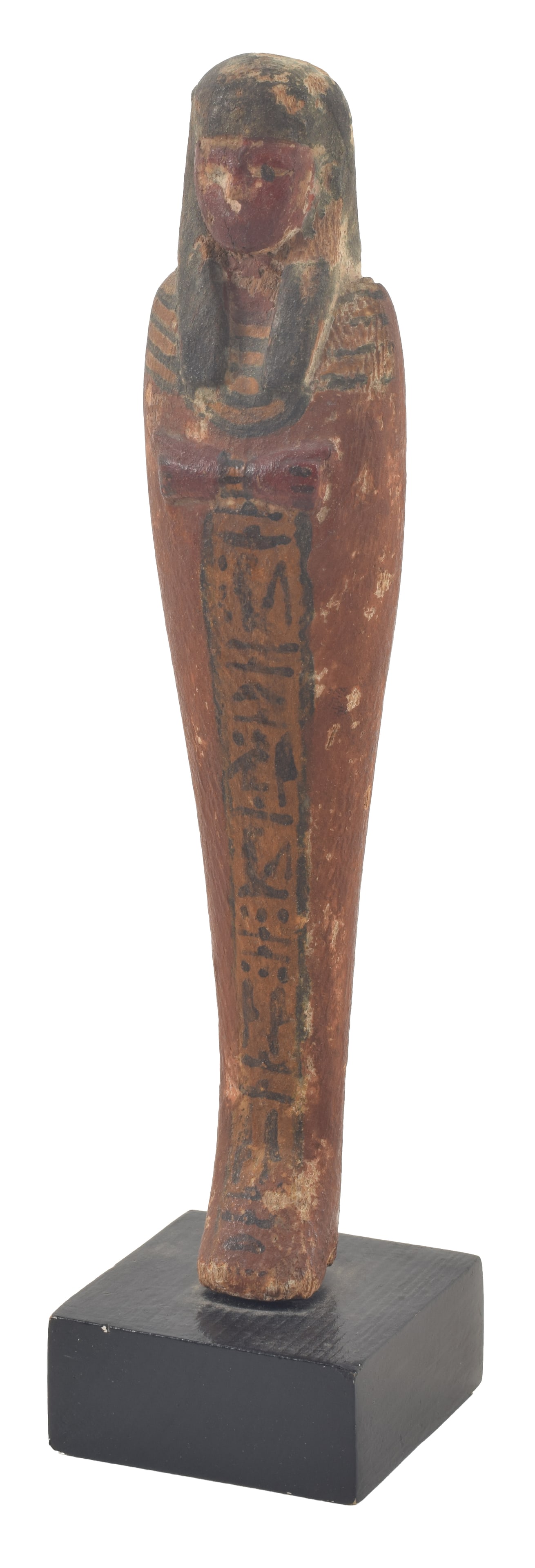 Egyptian, Ptolemaic, painted wood mummy-form figure. Tripart wig and column of painted inscription. (1 of 8)