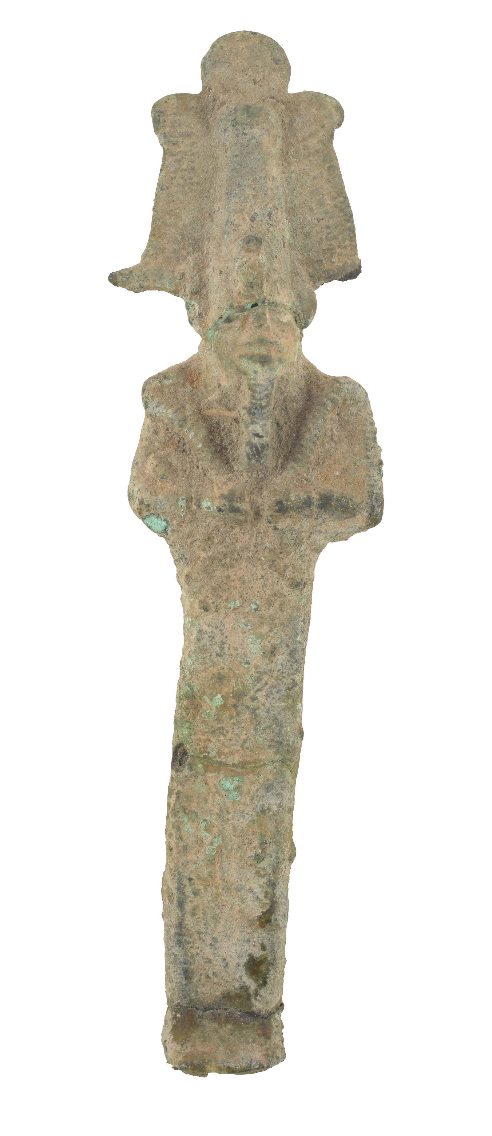 Egyptian, Late Period, bronze Osiris of elongated form, wearing Atef crown. On wood base. Height 6: Egyptian, Late Period, bronze Osiris of elongated form, wearing Atef crown. On wood base. Height 6 1/8 in. From the collection of Dr. Bruce L. Ralston, Tuxedo Park NY. Dr. Ralston assembled a large co