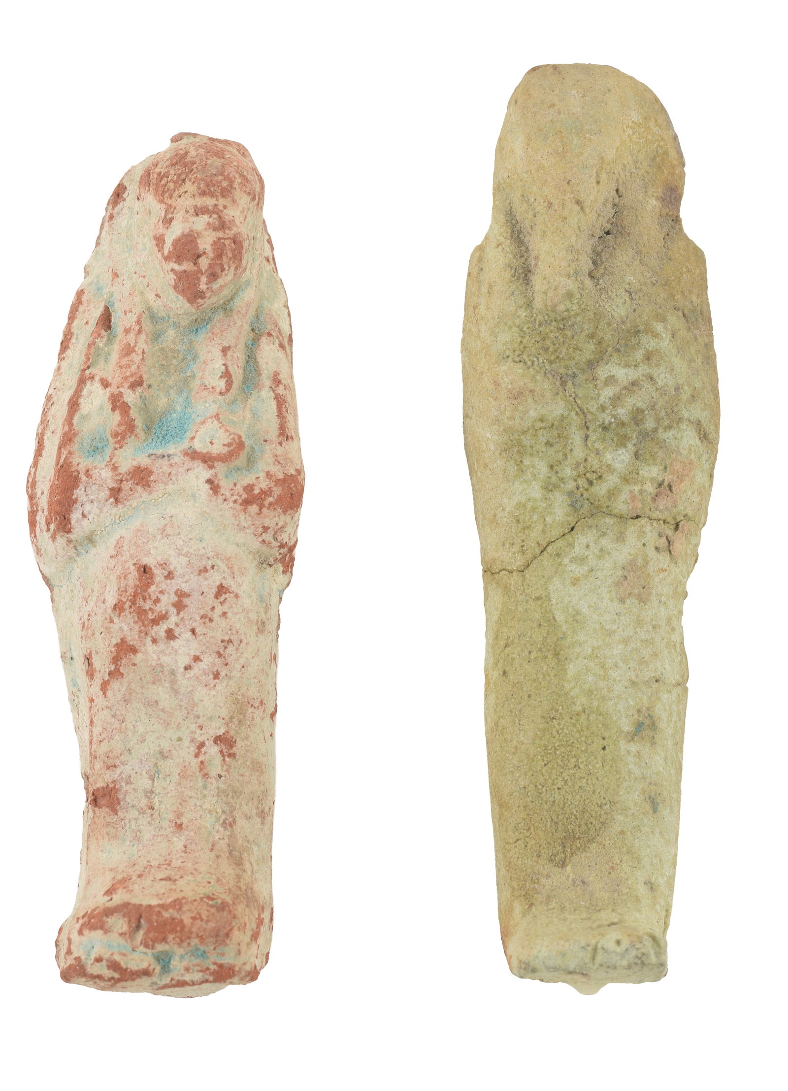 [2] Egyptian, 30th Dynasty, Ushabti. Including a redware figure with white faience and traces of (1 of 3)
