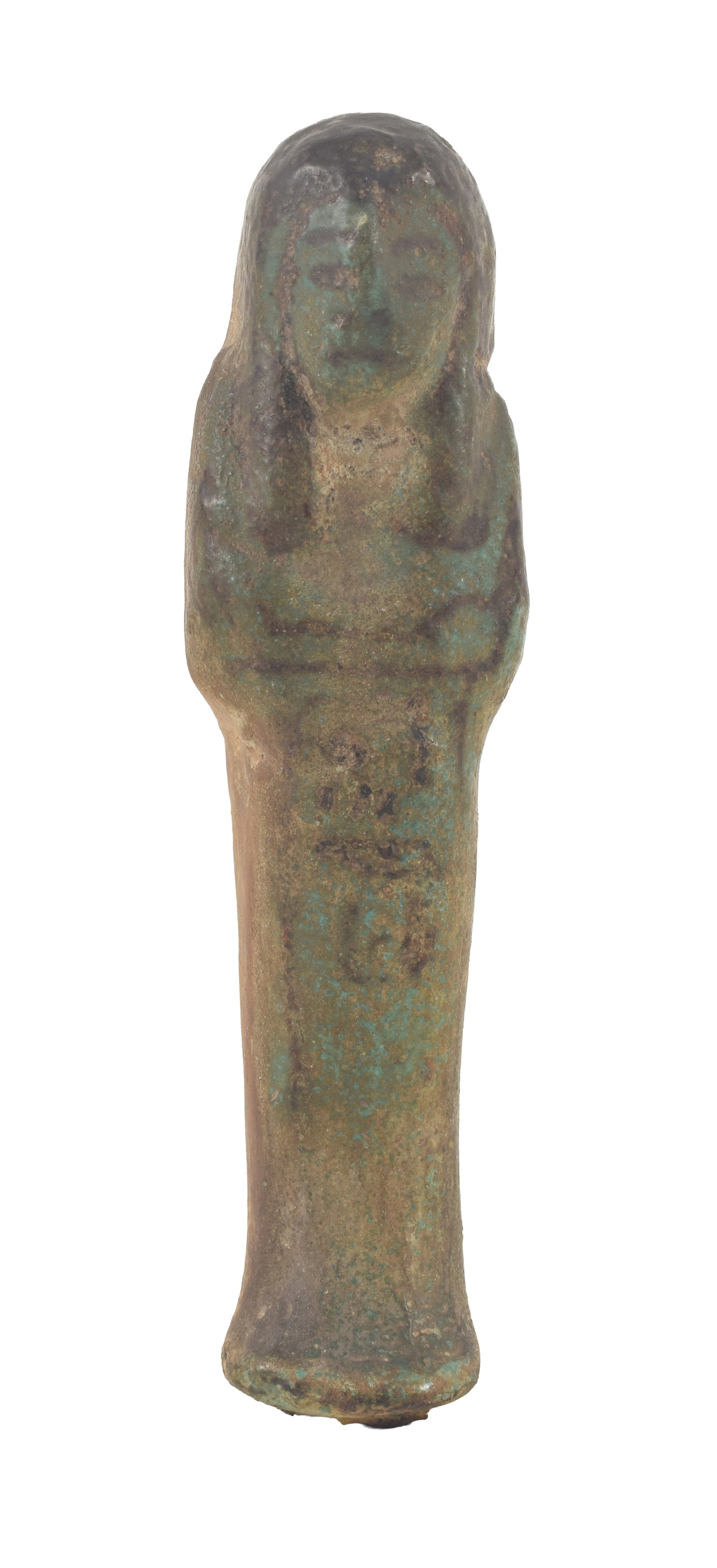 Egyptian, 21st/22nd Dynasties, blue-green faience ushabti. Partial inscription on column and black (1 of 6)
