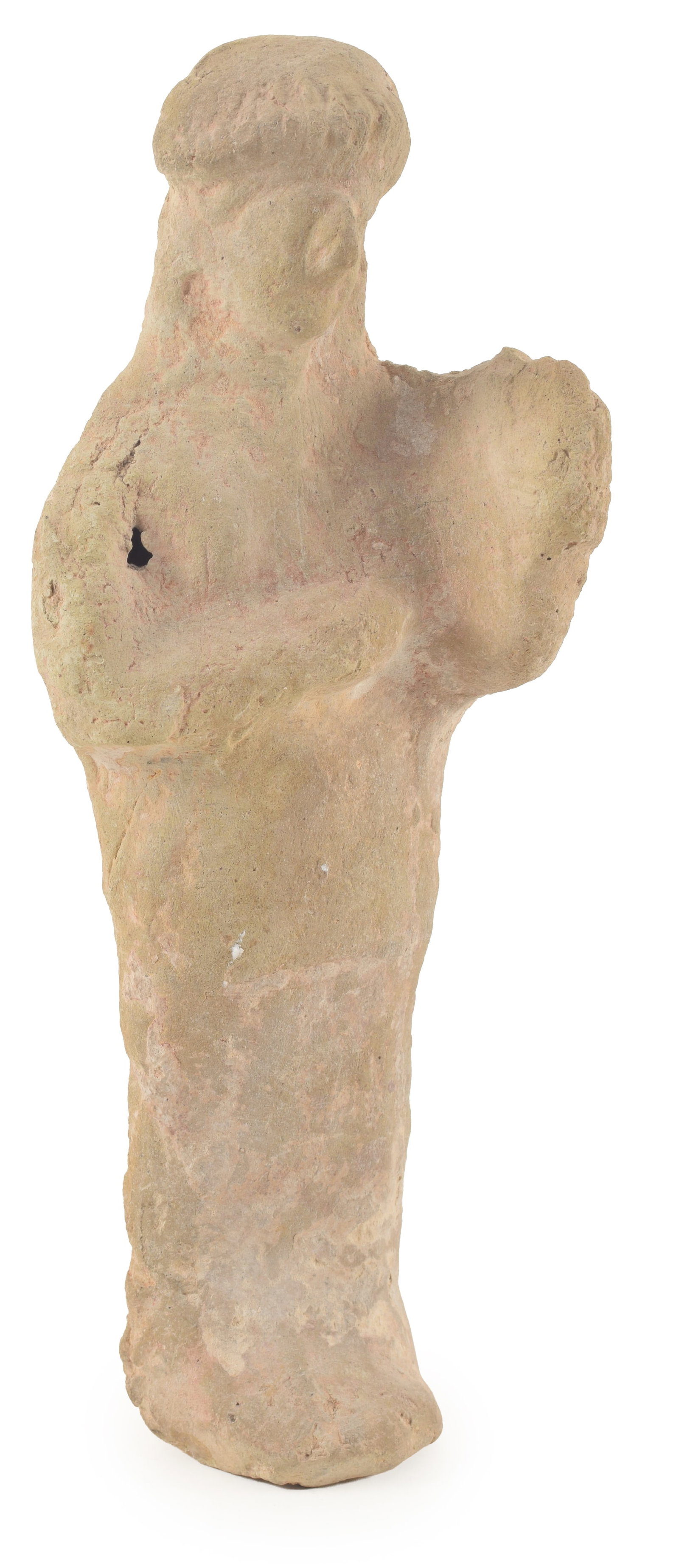 Cypriot, late 6th Century B.C. terracotta figure. Priestess holding a musical instrument. Heights: 9: Cypriot, late 6th Century B.C. terracotta figure. Priestess holding a musical instrument. Heights: 9 in. From the collection of Dr. Bruce L. Ralston, Tuxedo Park NY. Dr. Ralston assembled a large coll