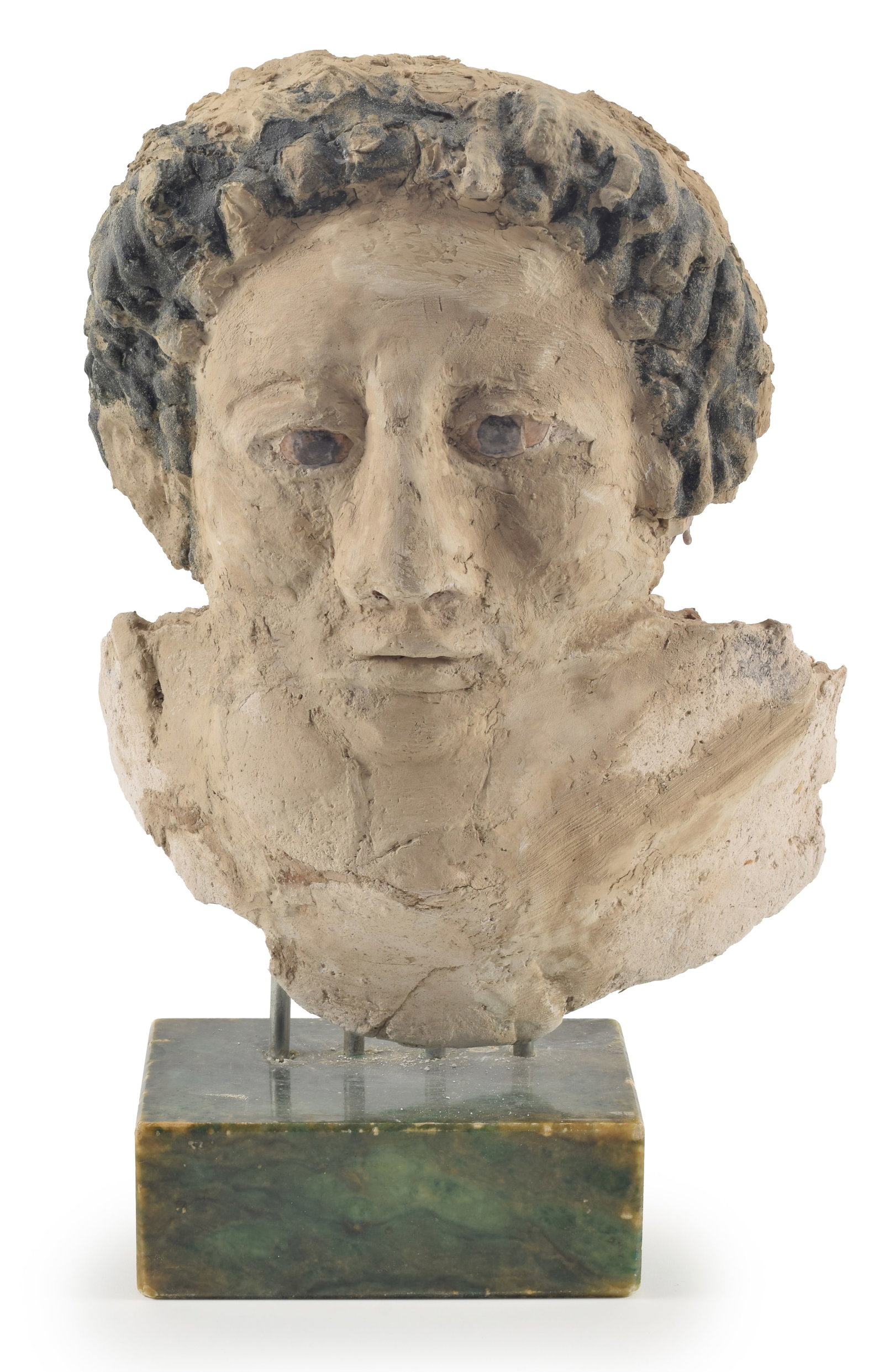 Cypriot, 2nd Century A.D. stucco mummy mask of a young woman. With black pigmented, plaited hair and (1 of 8)