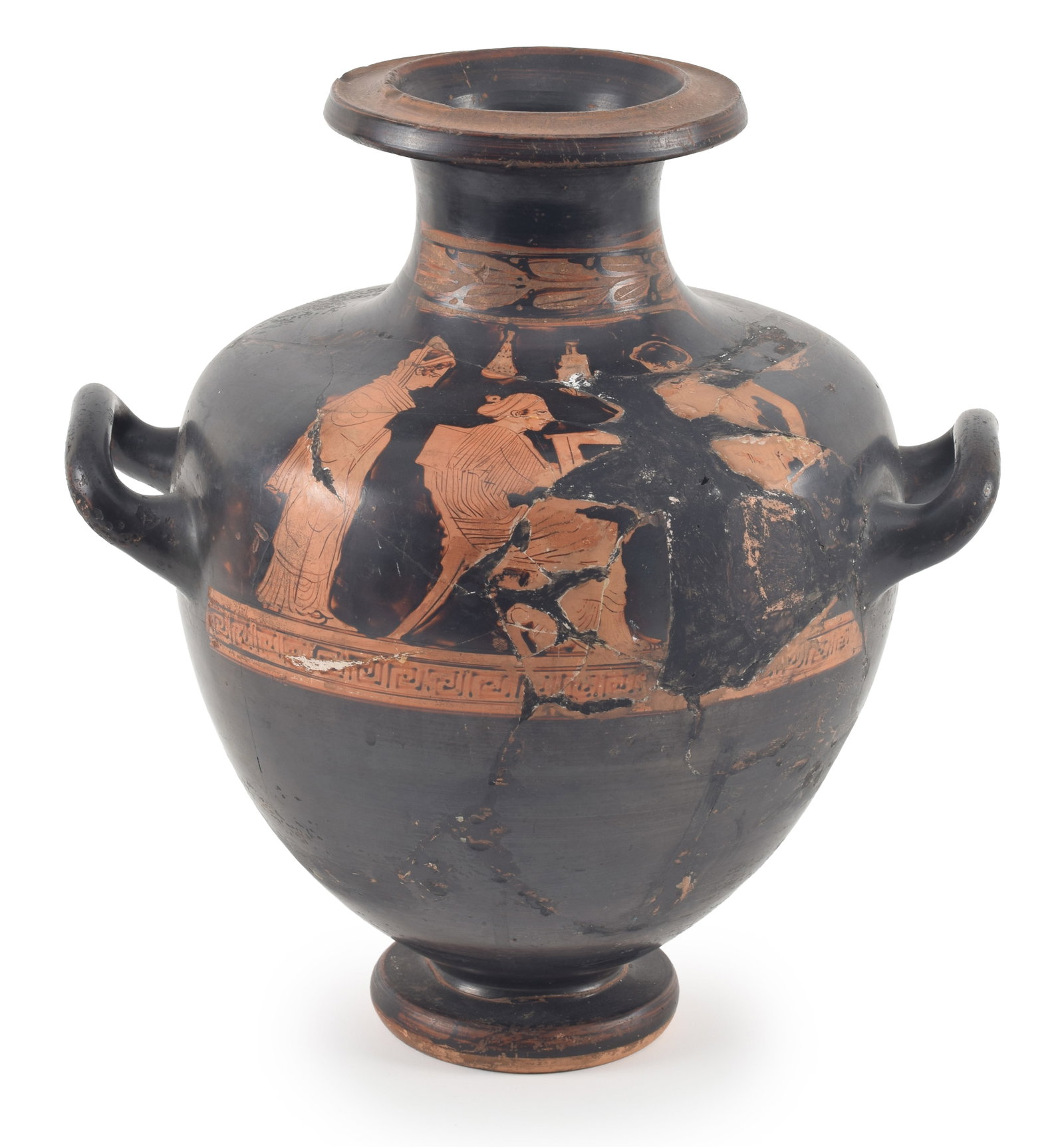 Greek, 5th Century B.C. attic red hydria with decoration of Classical allegory. Damage and (1 of 8)