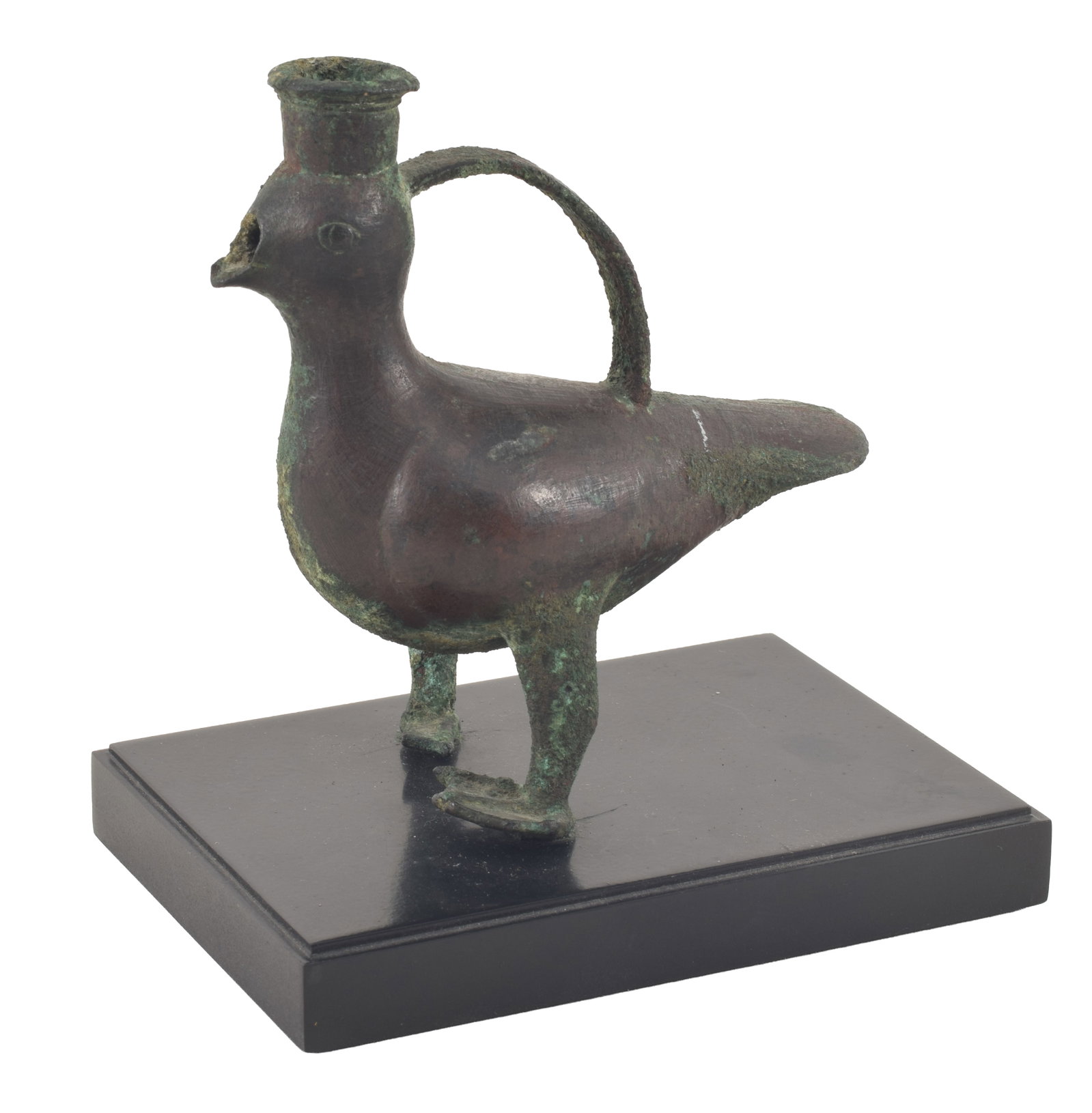 Persian bronze aquamanile in the form of a pigeon. On a museum mount. Height 4.75 in, width 4.5in. (1 of 6)