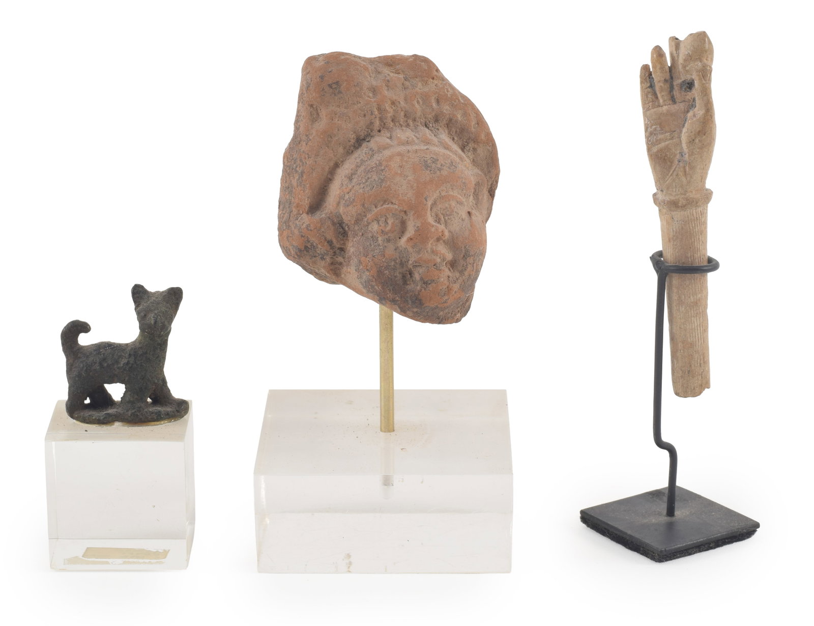 Collection of ancient items including a Roman or Egyptian small bronze cat, 600 B.C., a a (1 of 3)