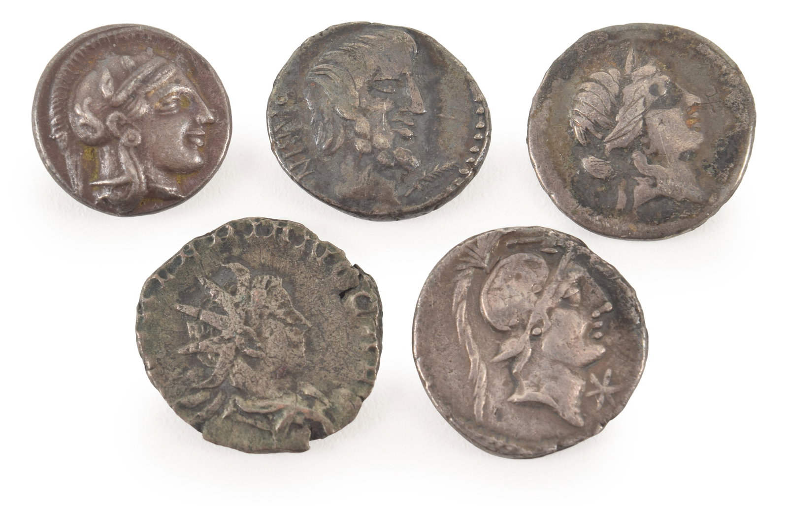 5 ancient silver coins. To include: 1) Roman denarius, Publicius Malleolus, 96 BC. 2) Roman (1 of 4)