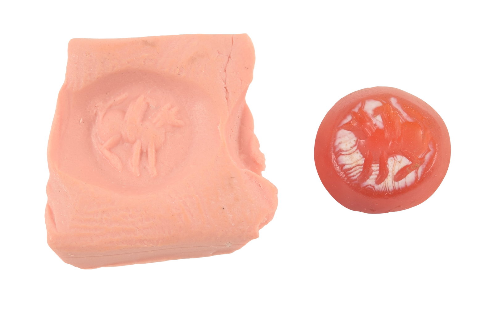 Sasanian carved red carnelian seal. 5th century AD. Depiction of a standing harpy. Approx. 1/4in (1 of 5)