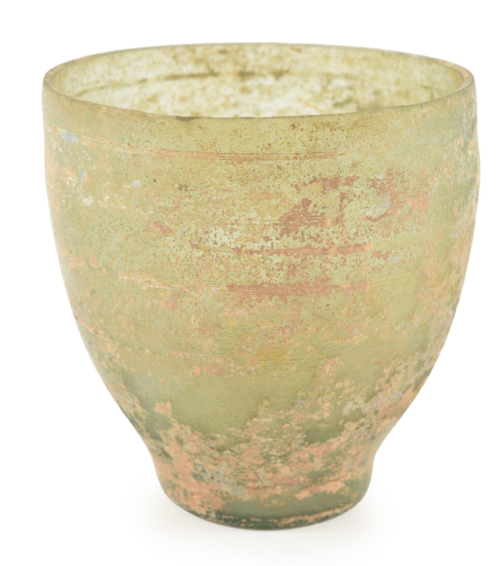 Glass cup. Roman. 3rd century BC. Green glass with banding. Surface with iridescence. 3.5 x 3.5in.: Glass cup. Roman. 3rd century BC. Green glass with banding. Surface with iridescence. 3.5 x 3.5in.