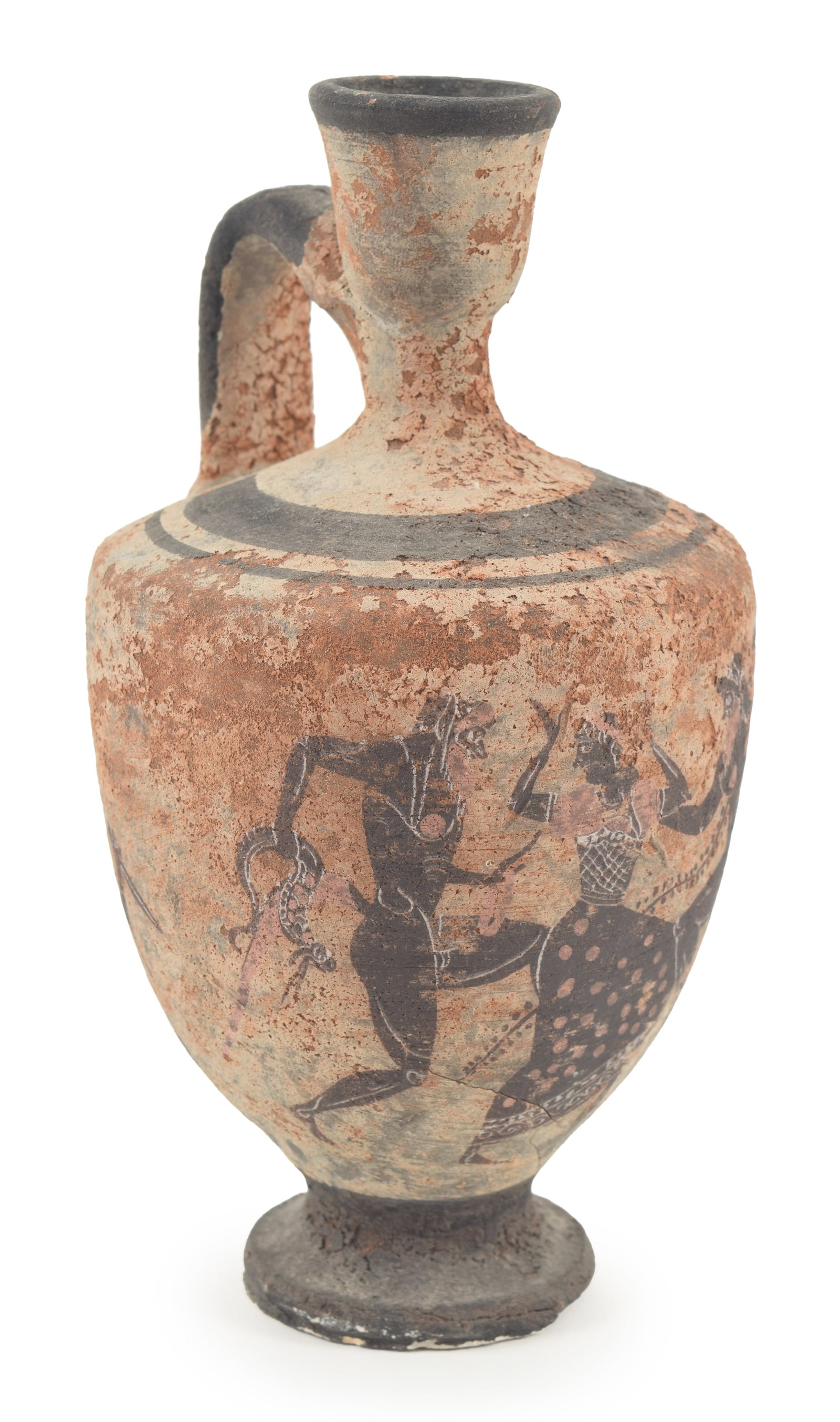 Greek lekythos handled jug. Decoration of figures dancing on one side, and warriors on the other.: Greek lekythos handled jug. Decoration of figures dancing on one side, and warriors on the other. Likely grand tour period. 6.25in high.