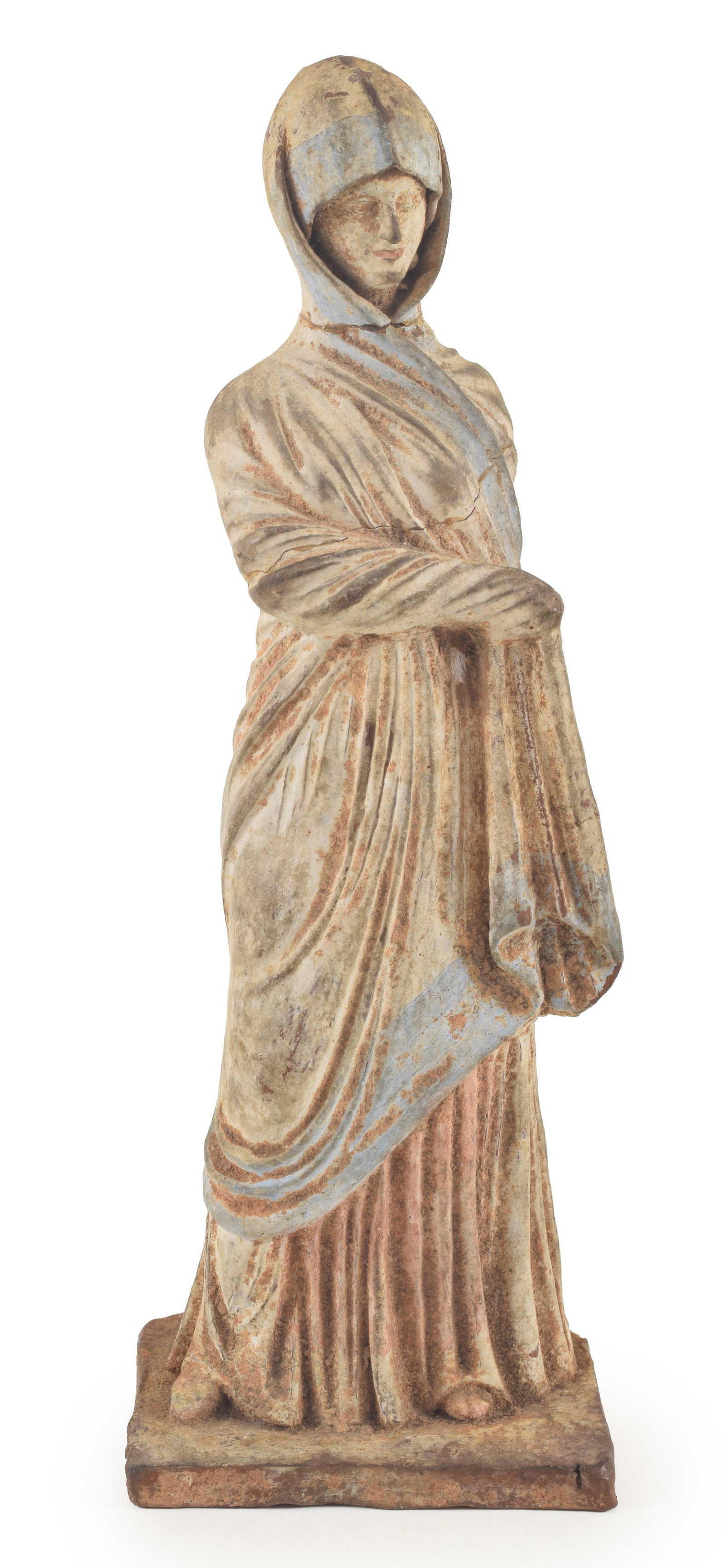 Ancient Greek Hellenistic Tanagra figure, 4th-2nd century B.C. Standing woman in white robe with: Ancient Greek Hellenistic Tanagra figure, 4th-2nd century B.C. Standing woman in white robe with blue borders. Traces of red pigment on layered skirt. Old repairs through torso and neck. 8.25in high.