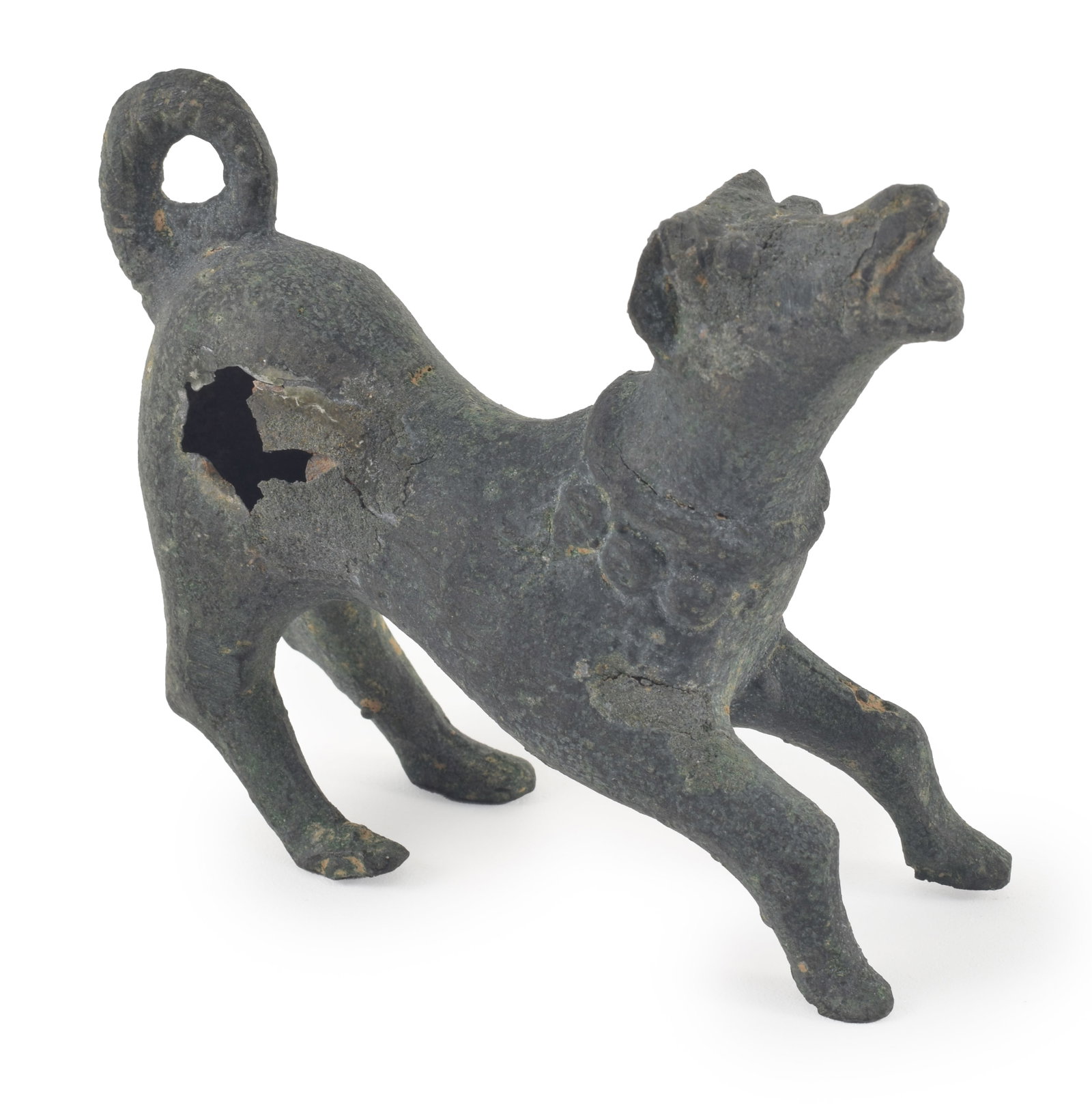 Bronze figure of a barking dog, possibly ancient. Damage to rear. 3.75in length. (1 of 6)