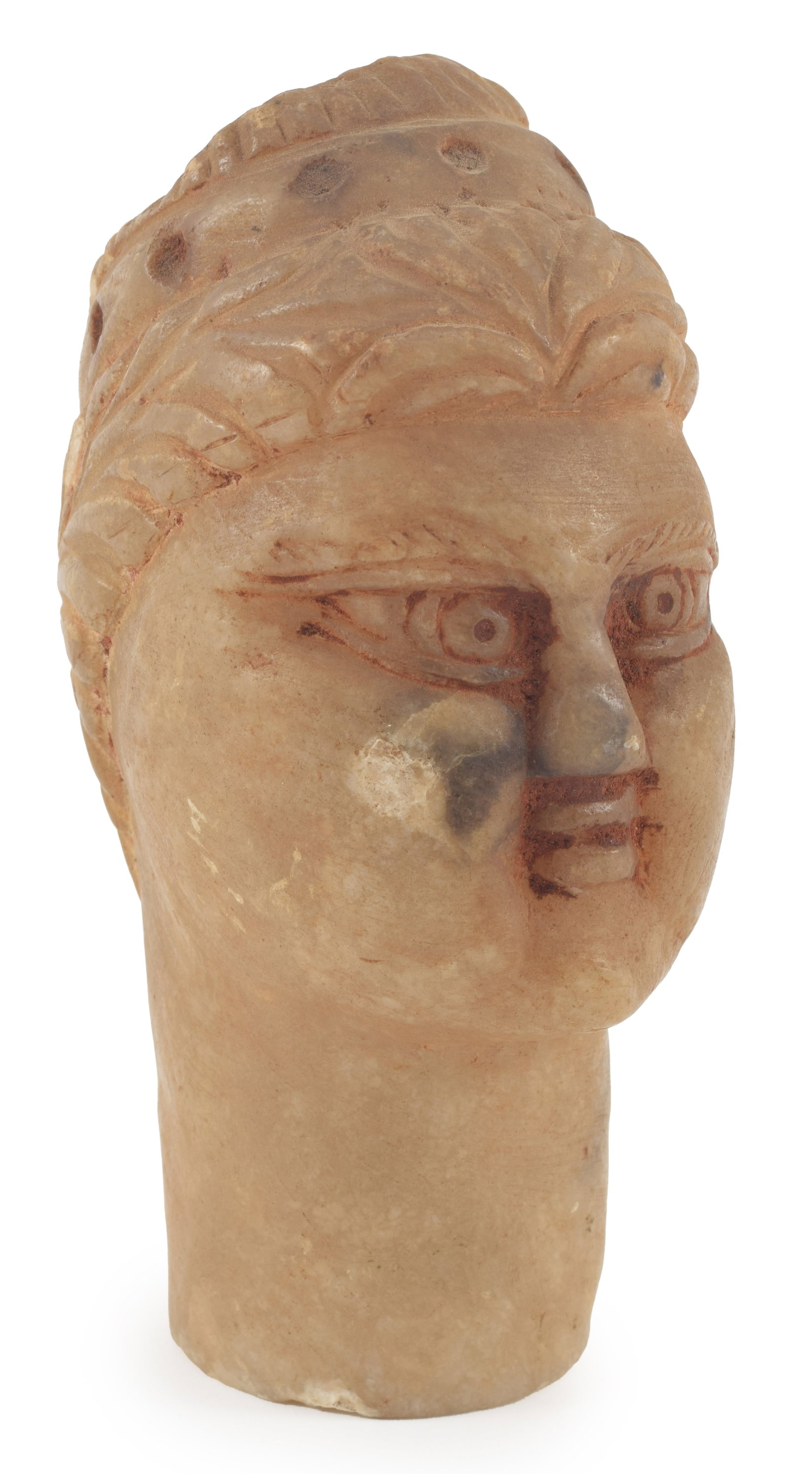 Middle eastern alabaster carved stone head antiquity. Applied red pigment decoration. Flaws to (1 of 7)
