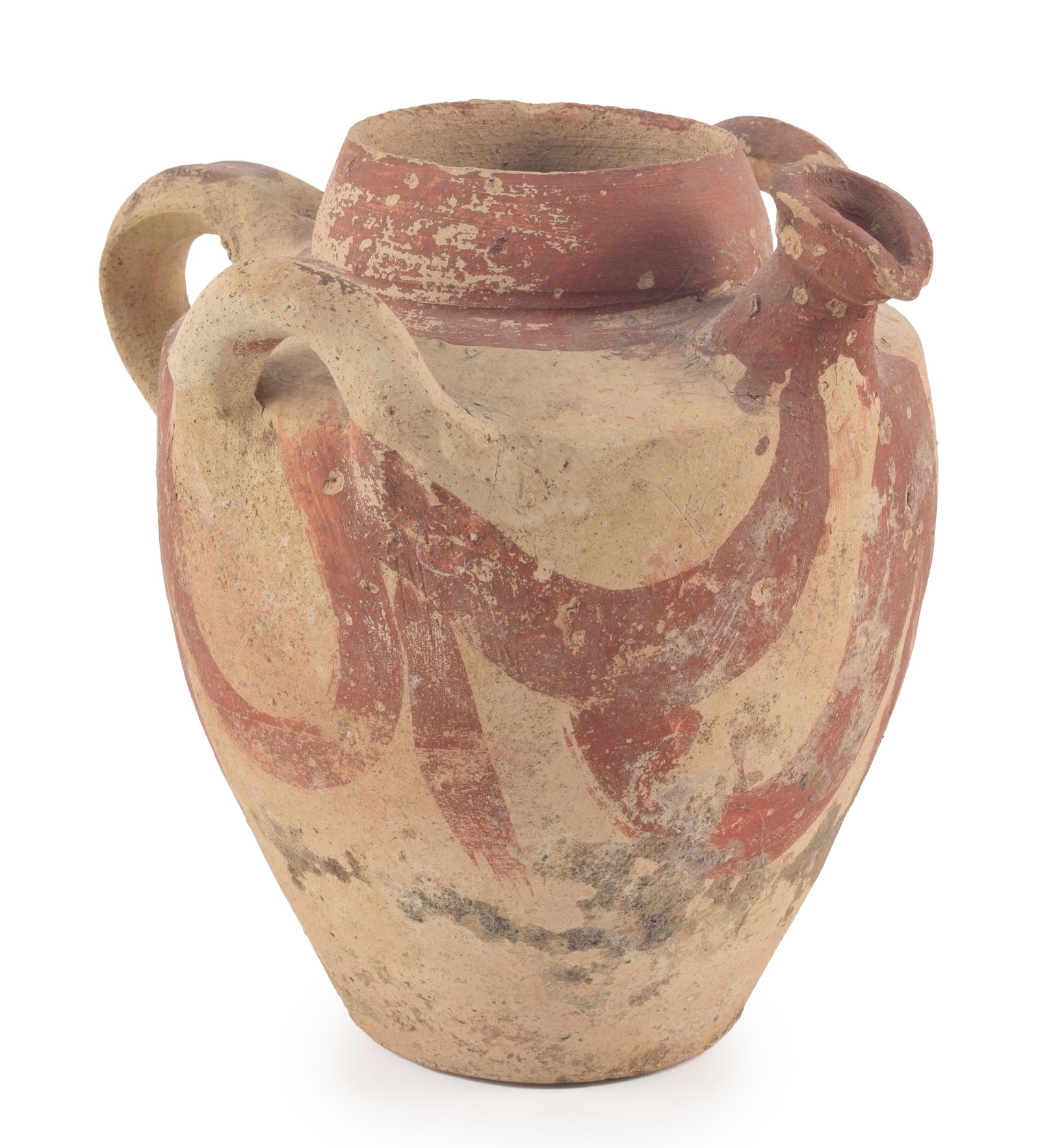 Possibly Mycenaean 14th Century B.C. Spouted and handled vessel with red swag decoration. Height 8.5 (1 of 7)