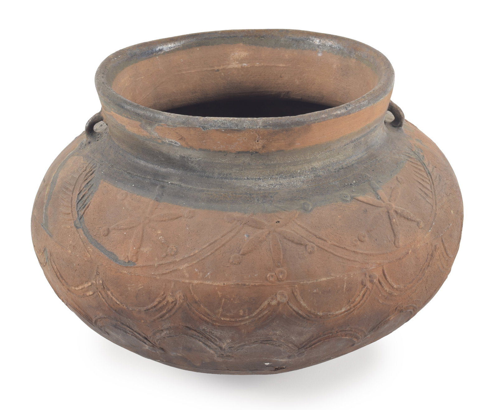 Early decorated earthenware bowl, possibly ancient. Molded geometric designs on side of body, with (1 of 7)