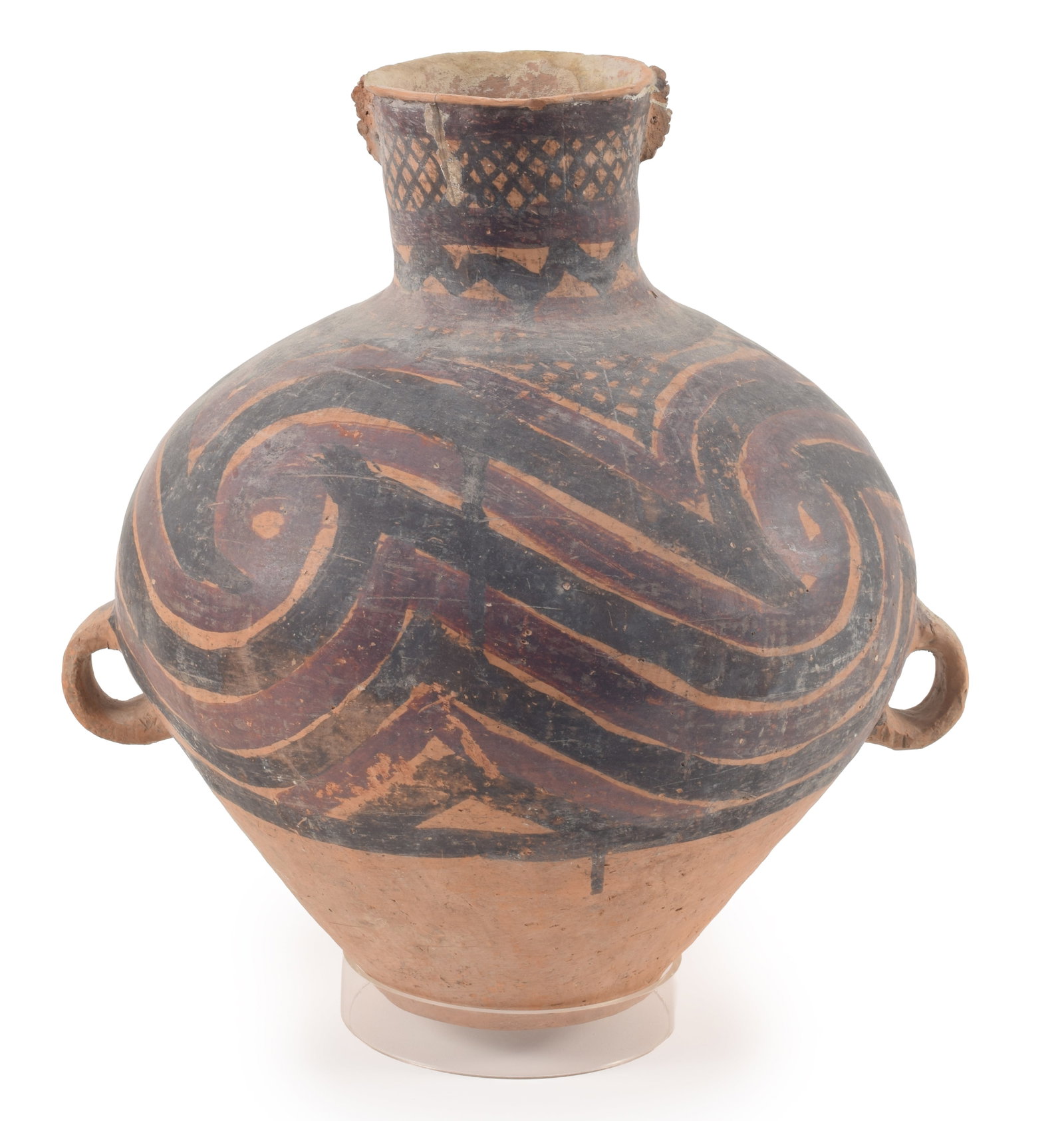 Chinese Neolithic 3000 B.C. Red ware double handled vessel with red and black scroll and lattice (1 of 6)