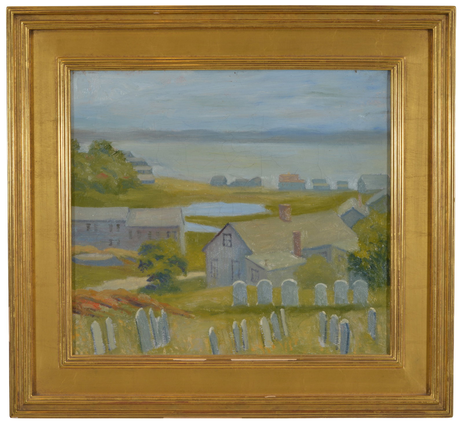 Attributed to Russell Cheney. Kittery Point, Maine seaside landscape with houses. Unsigned, marked (1 of 8)
