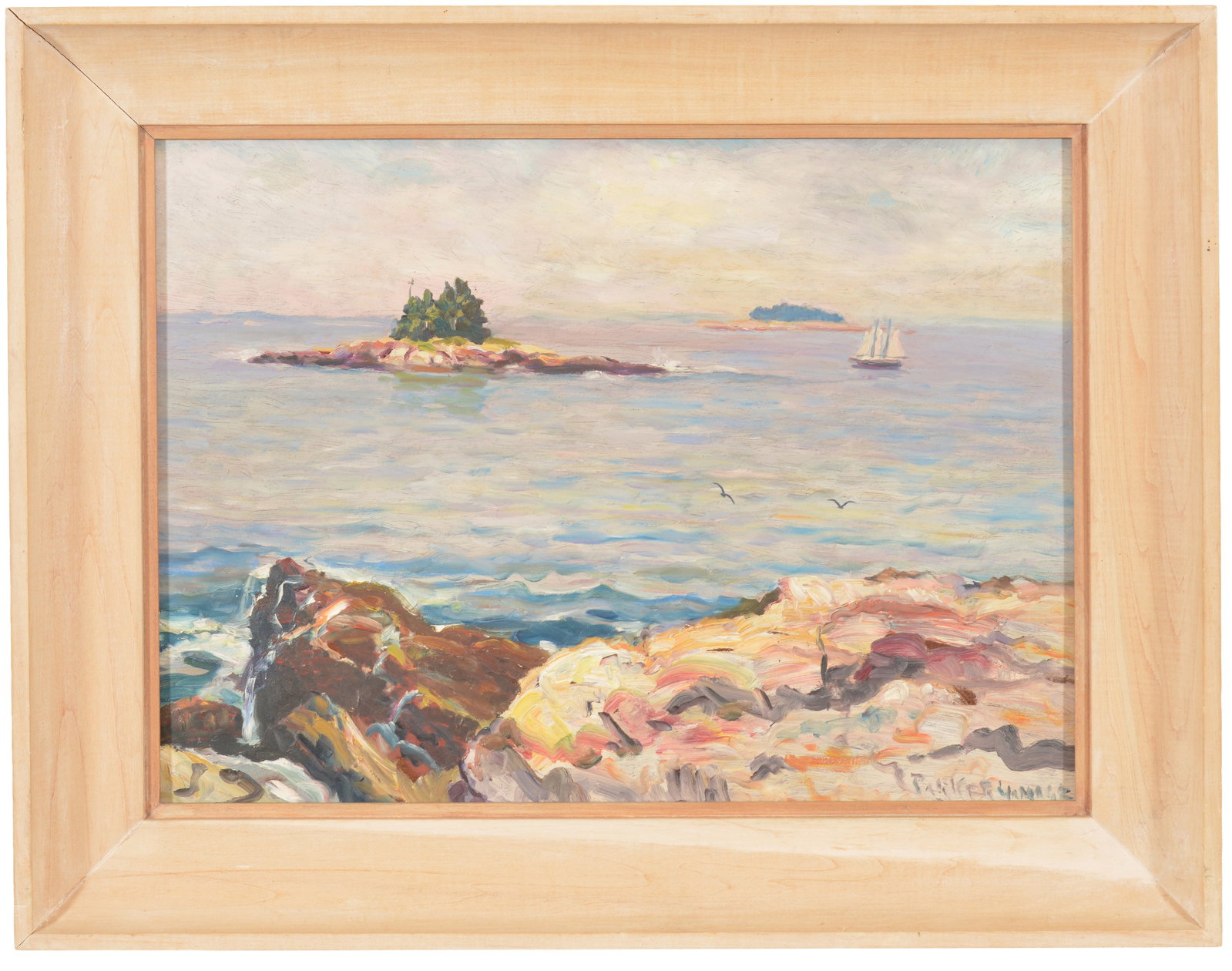 Parker M. Gamage. Titled on reverse, Little Island of New Harbor, Maine. Seascape with sailboat. (1 of 11)