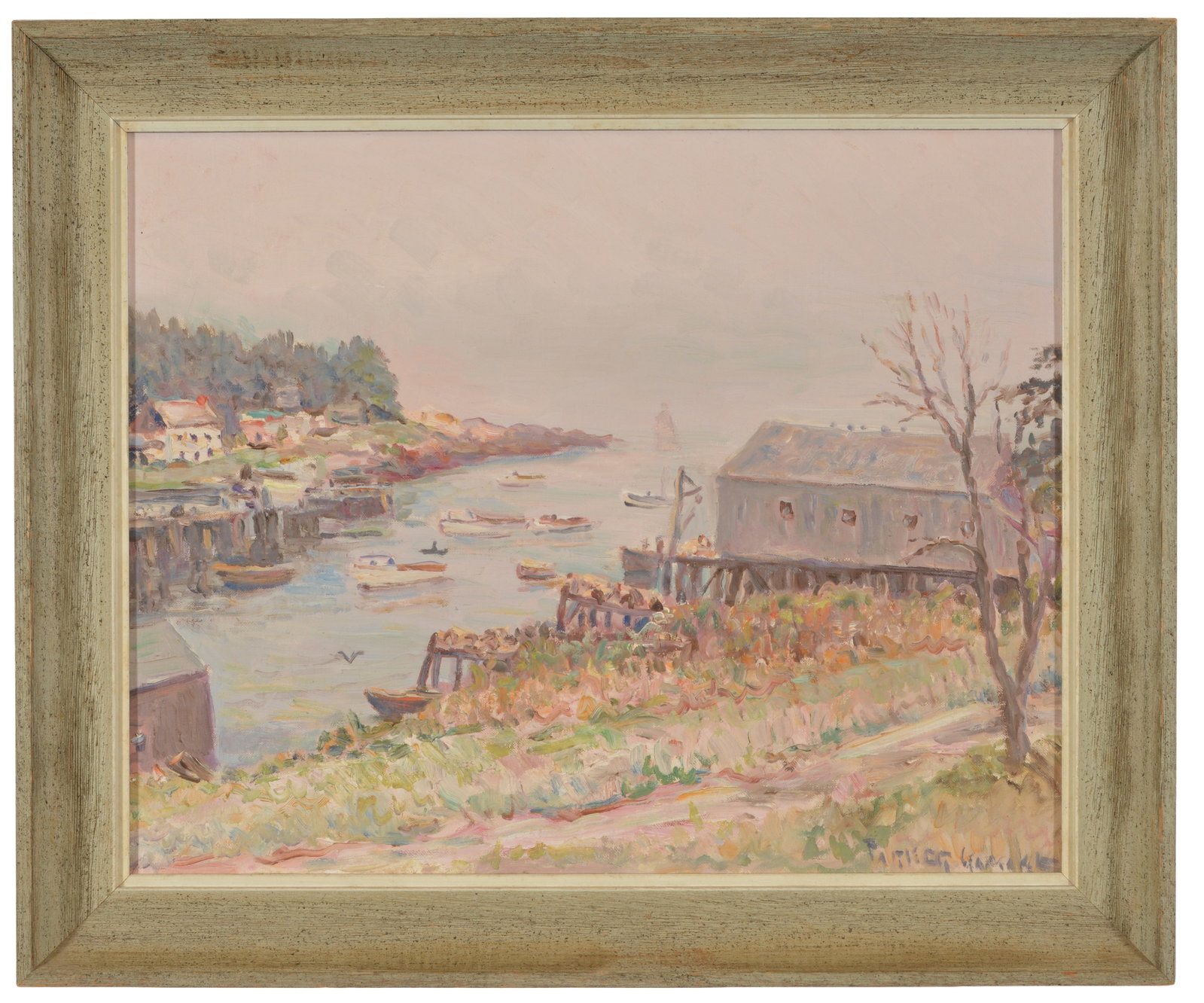 Parker Gamage. Maine. "Early April - New Harbor". Coastal landscape painting with lobster boats and (1 of 9)