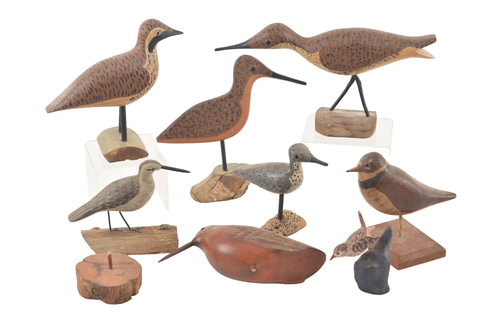 9 Decorative carved shore birds, most signed including Percy Perkins (1 of 9)