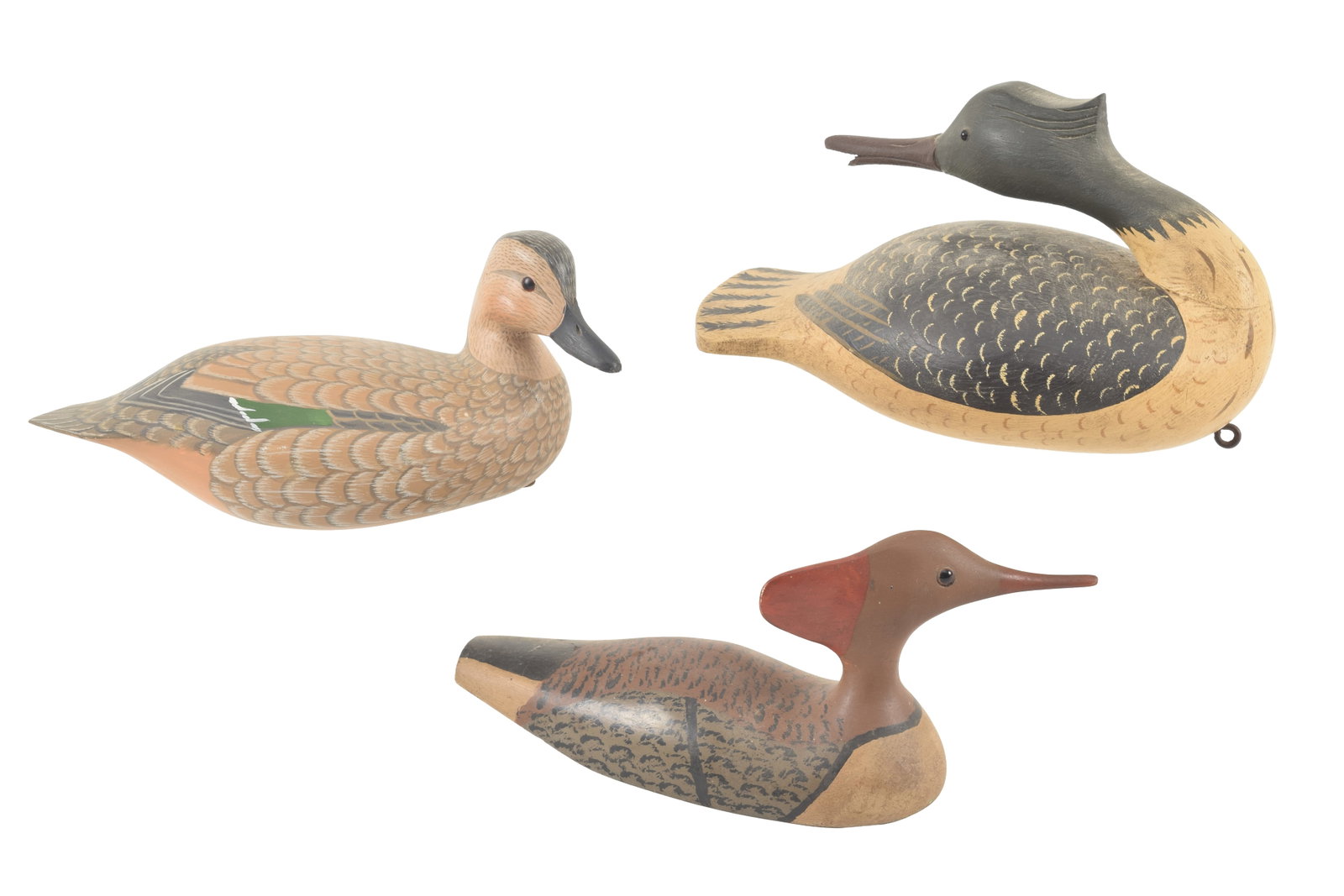 3 Duck decoys, a mallard hen marked "H.V. Shourds, a merganser sleeper and a flat bottom merganser. (1 of 7)