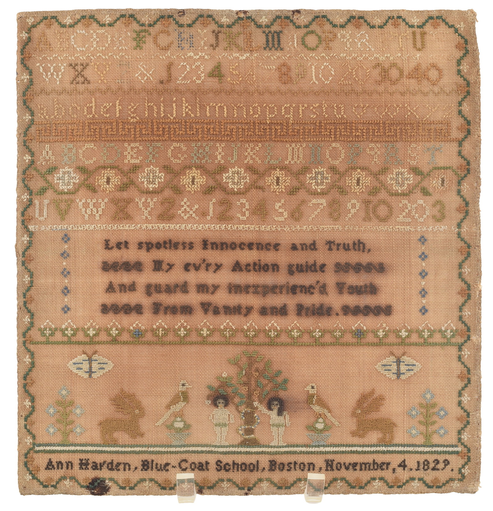 Unusual 1829 Boston school American needlework sampler of Adam and Eve in the Garden of Eden (1 of 9)