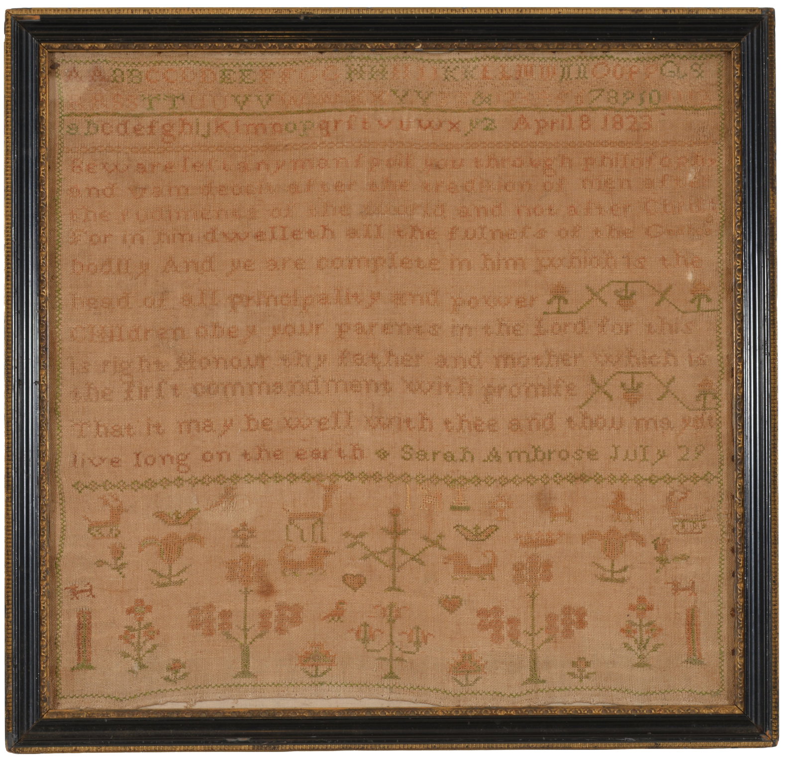 Early 19th Century needlework sampler by Sara Ambrose April 8,1823. With passage and assorted animal (1 of 6)