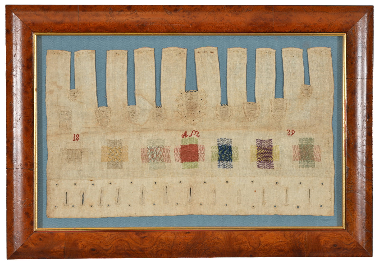 19th Century darning and plain sewing sampler initialed "AM" and dated 1839. Likely Dutch or German. (1 of 5)