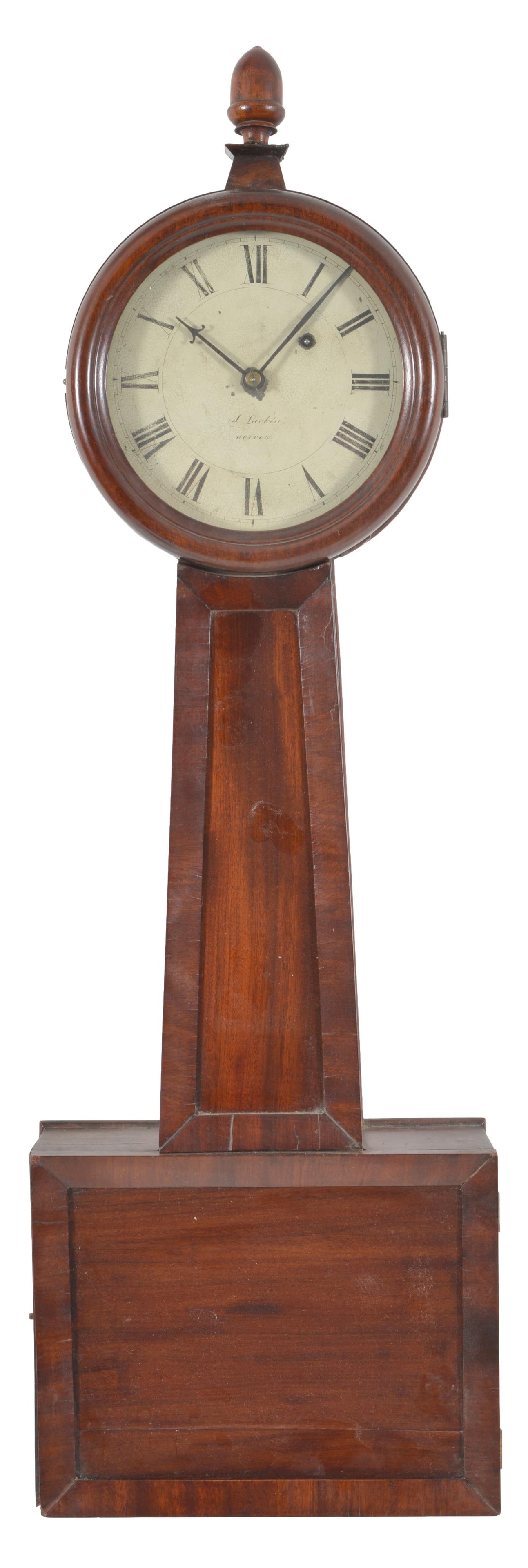 Rare Joseph Larking wood front banjo, Boston, circa 1825. An acorn finial above a signed dial with (1 of 8)
