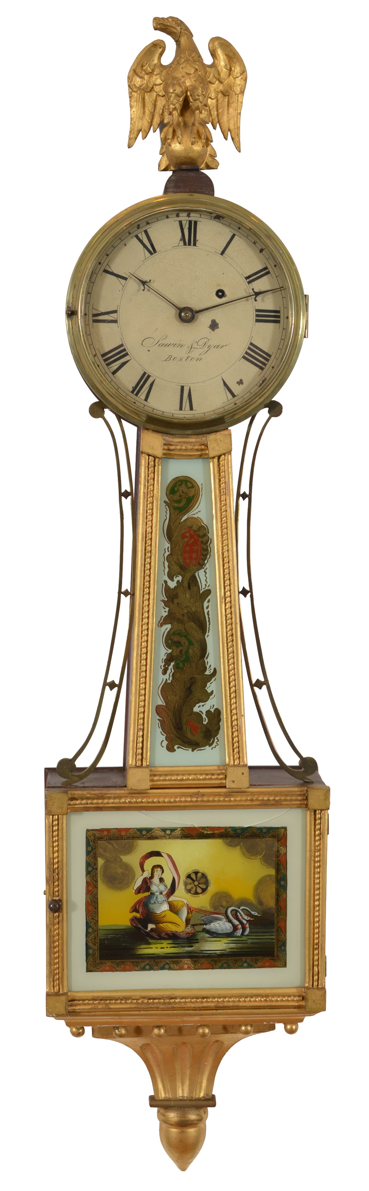 Sawin and Dyer gilt rope banjo clock, circa 1820. The lower panel with a Classical reverse painted: Sawin and Dyer gilt rope banjo clock, circa 1820. The lower panel with a Classical reverse painted image of a woman on half-shell drawn by swans. A carved full body eagle final is above a dial with st