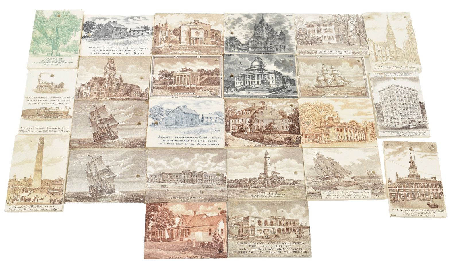 Collection of 24 Boston area Wedgwood calendar tiles, early 20th century. Each depicts a Boston area: Collection of 24 Boston area Wedgwood calendar tiles, early 20th century. Each depicts a Boston area or historic site, including: Boston Light, Bunker Hill Monument, Old North Church, sailing ships, W