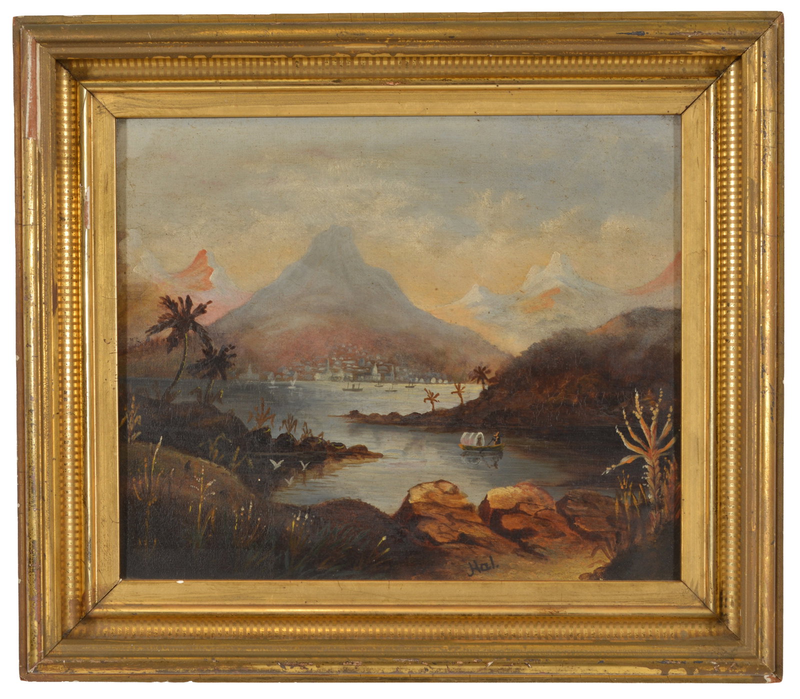 Late 19th Century. Tropical harbor with village and mountains, likely South America. Signed lower: Late 19th Century. Tropical harbor with village and mountains, likely South America. Signed lower right HAL. Oil on canvas. Framed. Image size 10.5 x 12 in, overall 13.5 x 15.5 in.