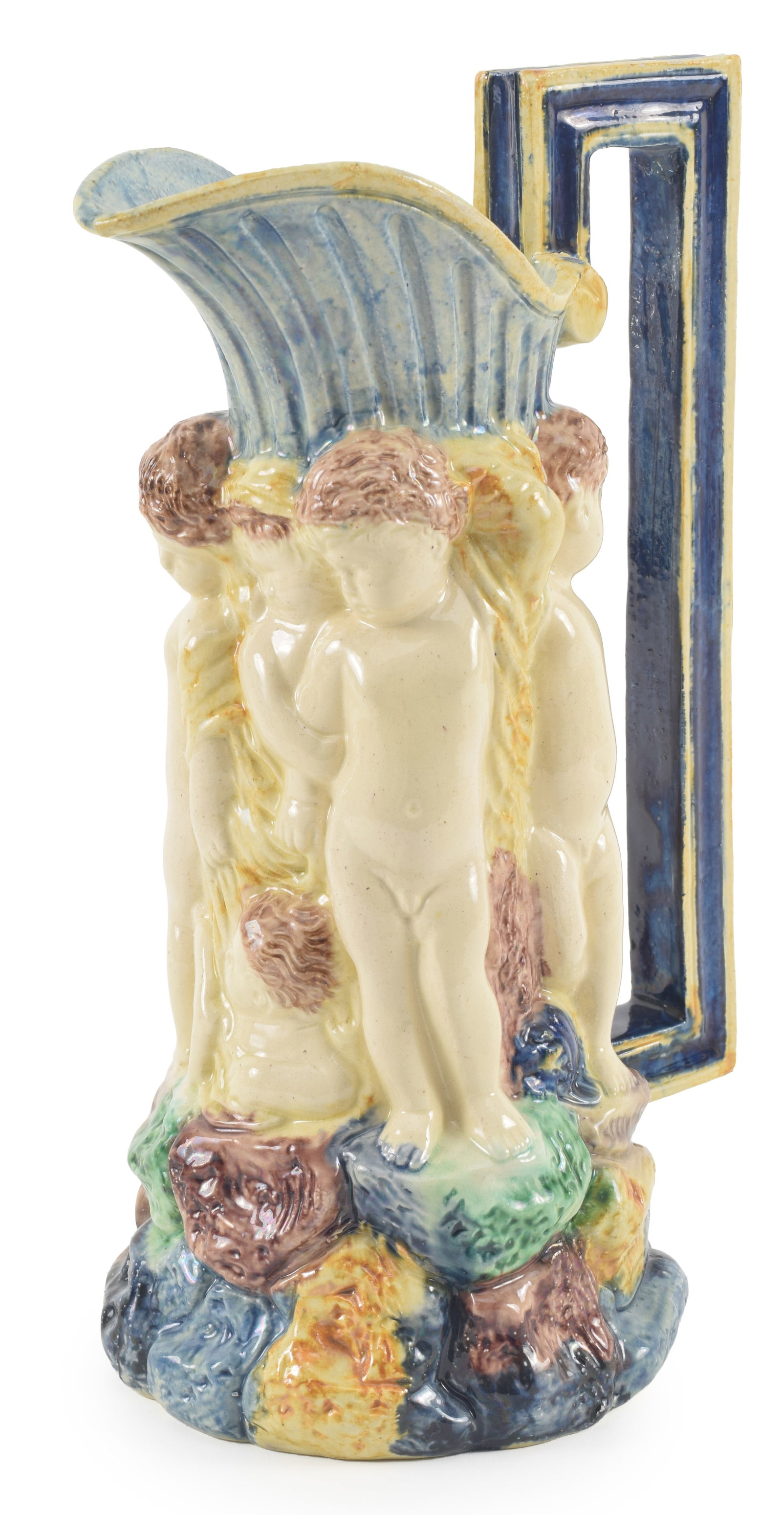 Majolica "Birth of Zeus" pitcher with molded putti and vibrant polychrome glazes. Height 9.75 in. (1 of 7)