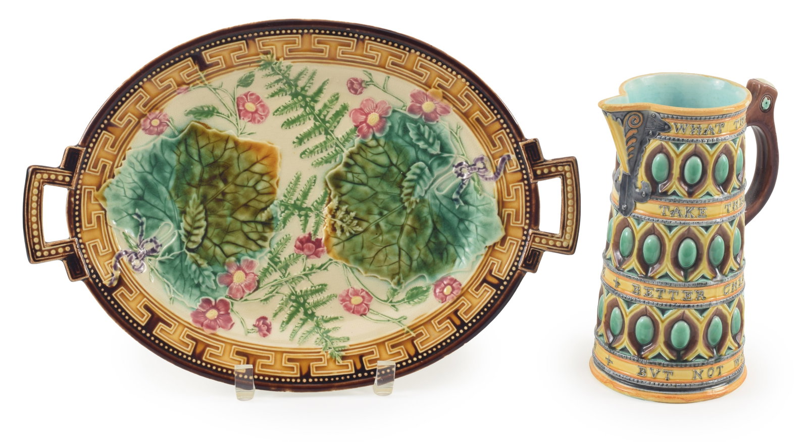 2 Fine pieces of majolica, including a Wedgewood majolica caterer pitcher designed by Frederik Brett (1 of 9)