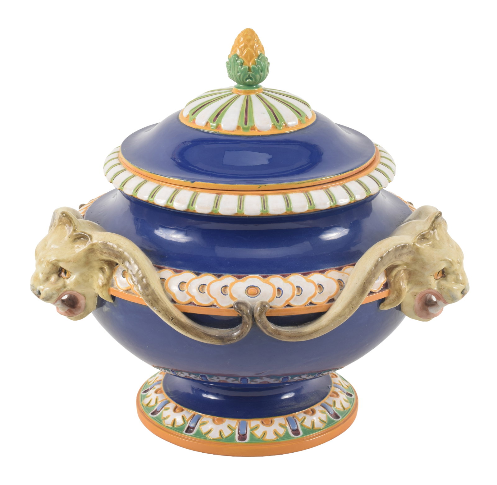 Minton majolica covered tureen with three lions head handles on a blue ground with a pineapple (1 of 10)