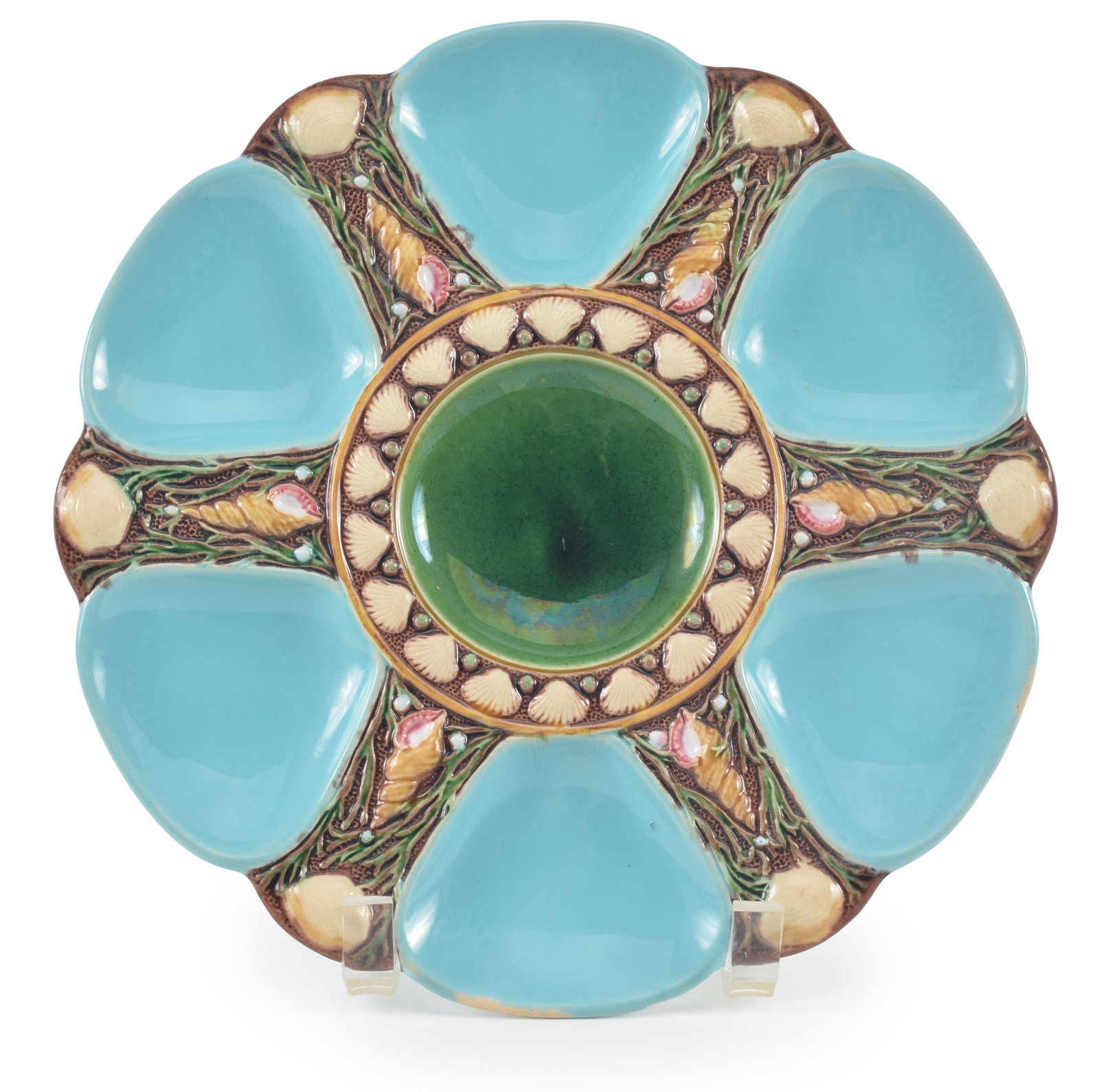 Minton majolica oyster plate with naturalist sea shell decorations around green center bowl and (1 of 6)