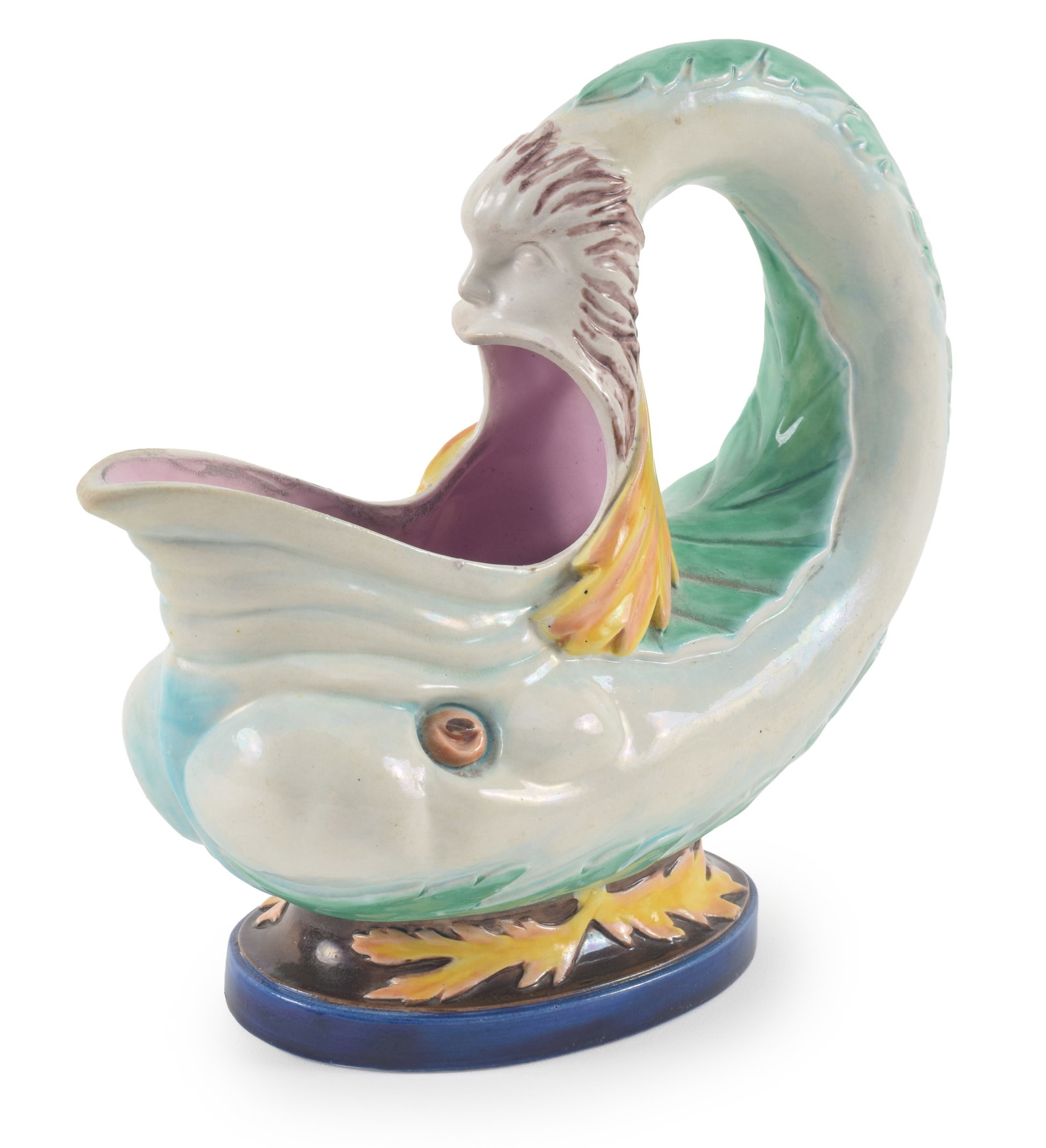 Rare Royal Worcester Dolphin form spoon warmer with vibrant polychrome majolica glaze. Impressed (1 of 7)