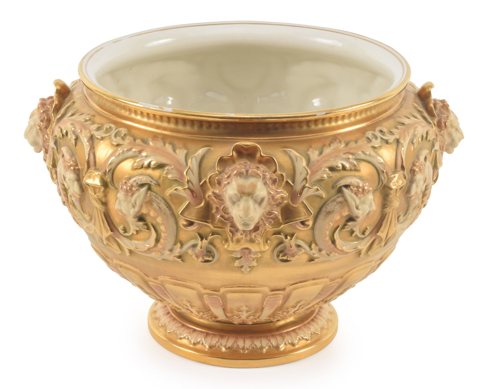 Royal Worcester gilded jardiniere with raised lion masks, acanthus leaves and pairs of fauns in (1 of 8)