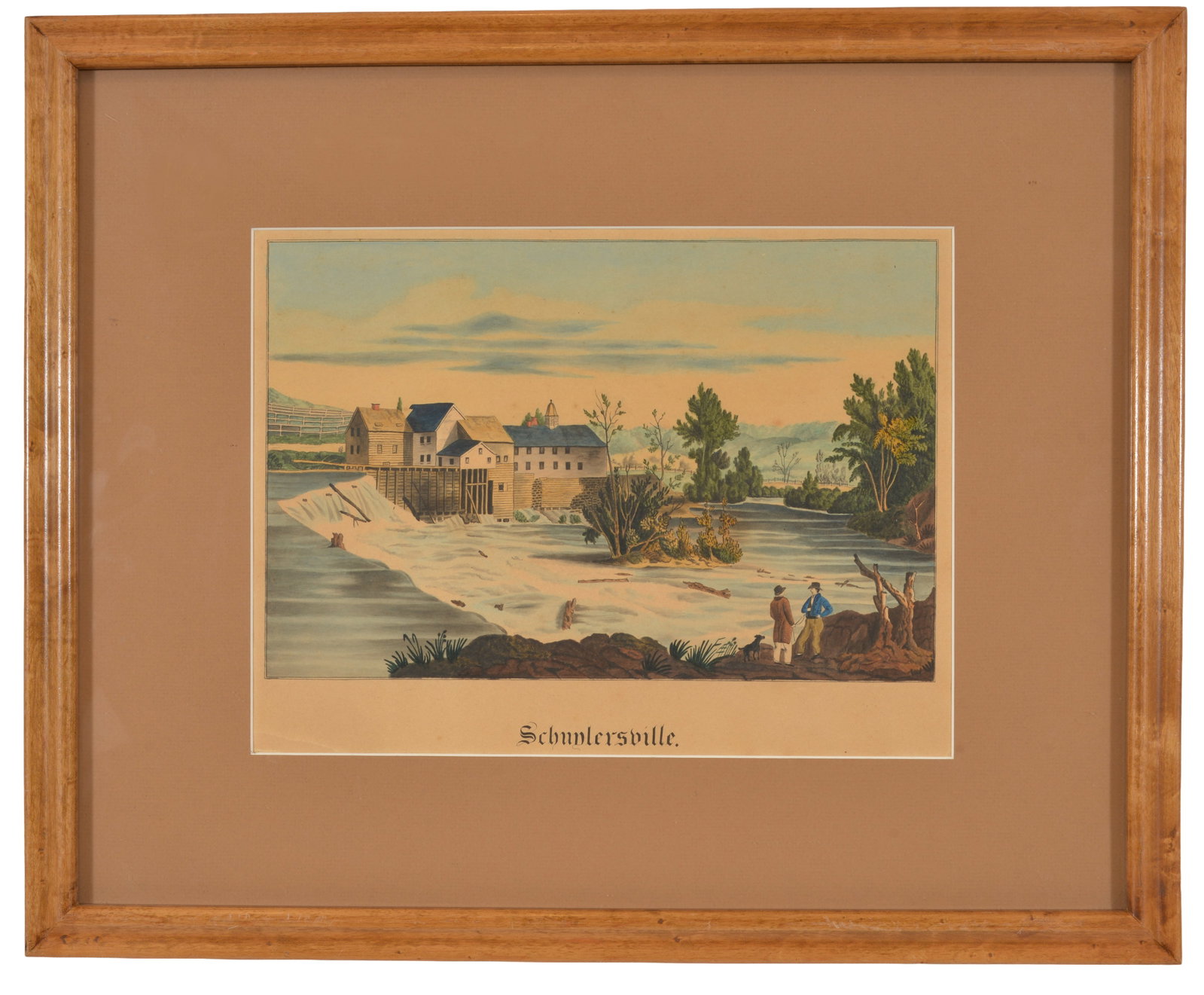 American mid-19th Century scenic watercolor and ink on paper, titled Schuylersville. Depicting river: American mid-19th Century scenic watercolor and ink on paper, titled Schuylersville. Depicting river with waterfall, mill buildings and figures in the foreground. Framed. Even toning. Sight size 10 x 