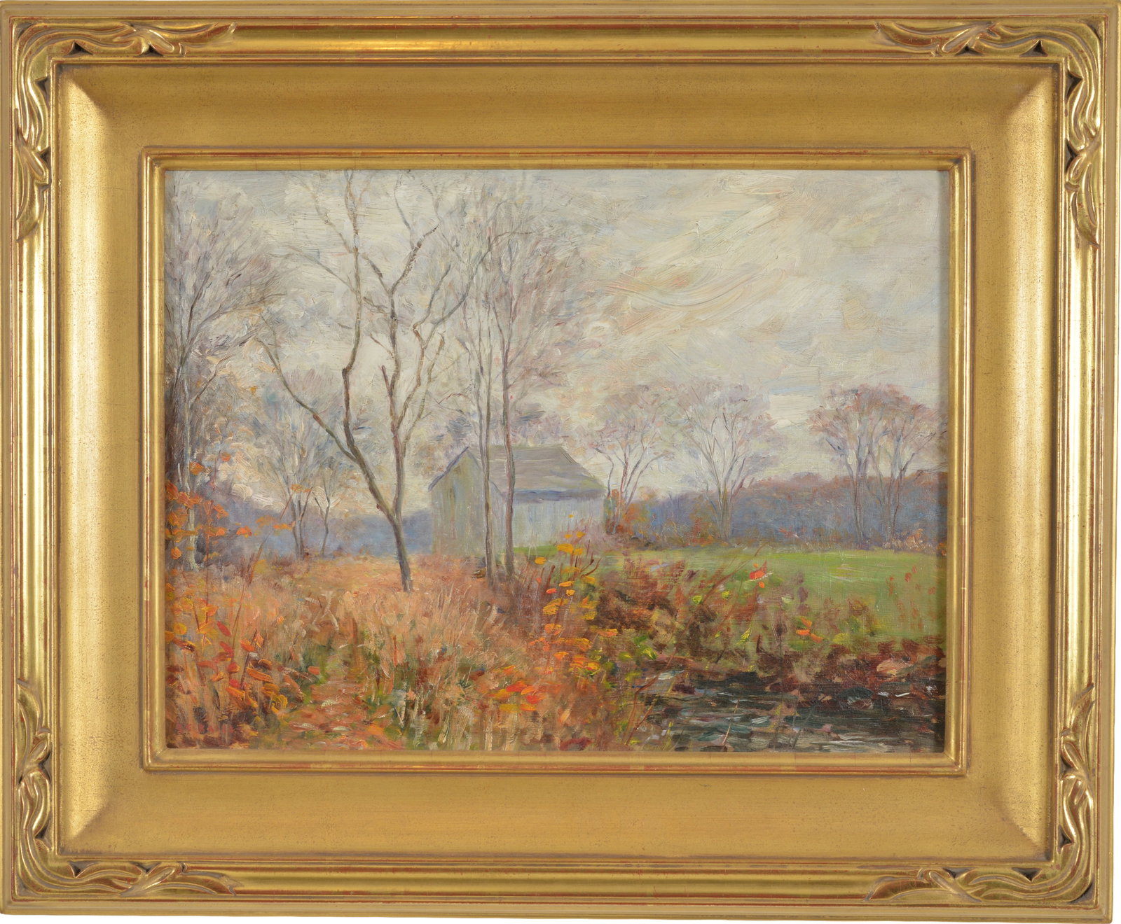 Fred Bates. Farm landscape with barn. Titled on reverse "November in Old Mystic. Oil on artist: Fred Bates. Farm landscape with barn. Titled on reverse "November in Old Mystic. Oil on artist board. Signed lower left. Framed. Image size 12 x 16 in, overall size 18.5 x 22.5 in