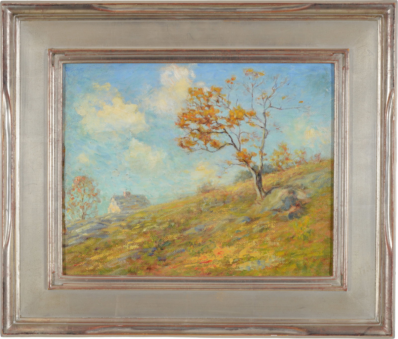 Fred Bates. Hillside landscape with cottage. Oil on artist board. Signed lower right. Framed. Image (1 of 7)
