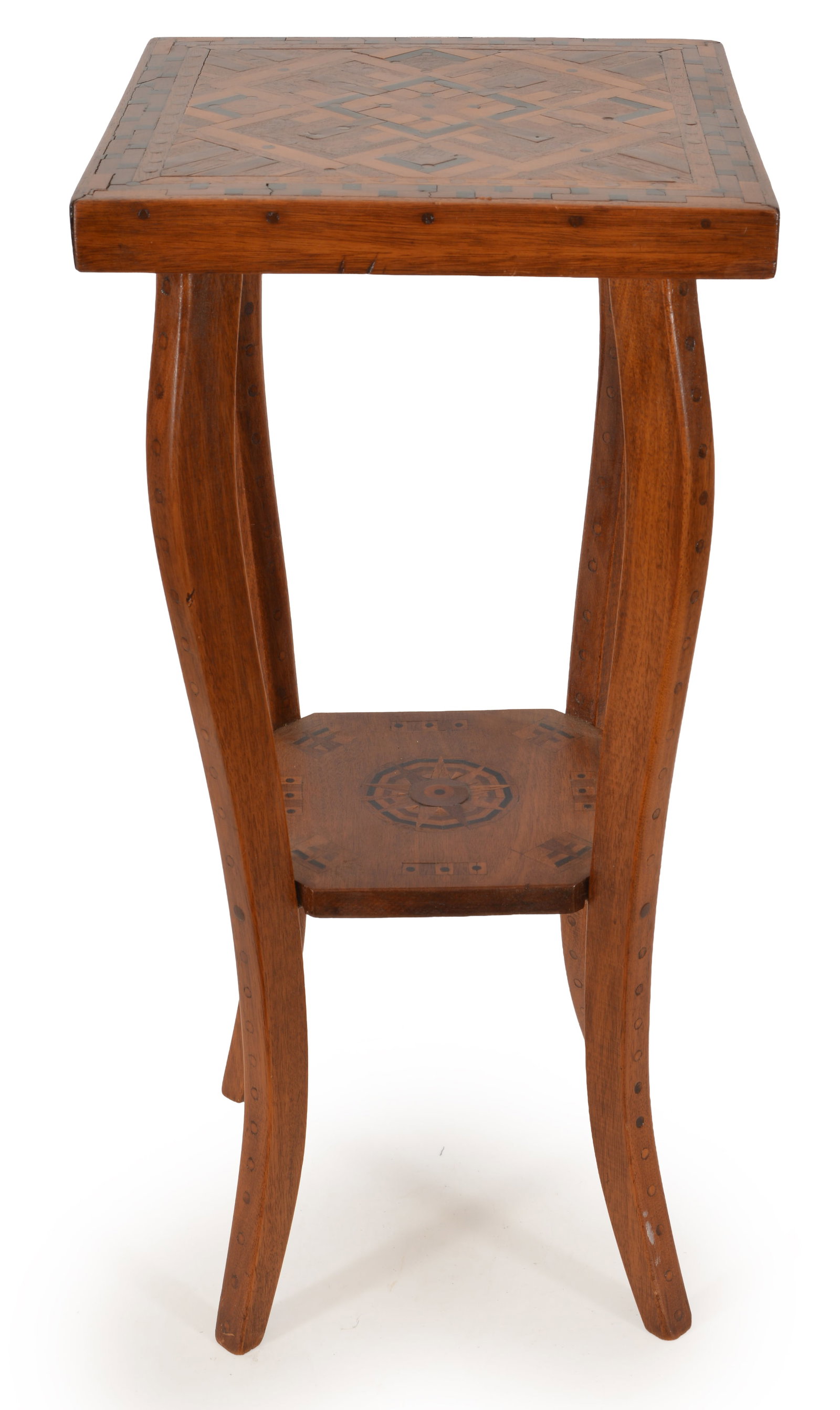 Folk or tramp art inlaid rectangular table with scrolled legs and medial shelf. Height 29 in, width (1 of 6)